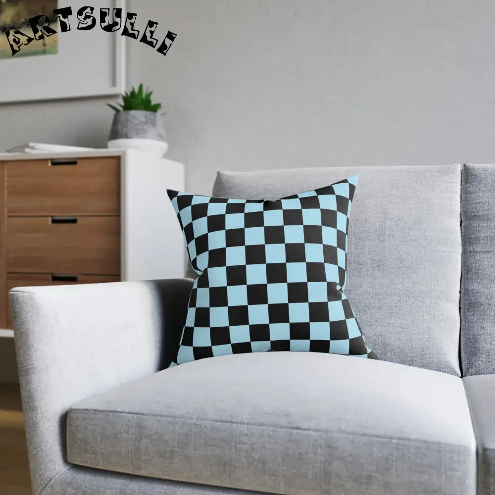 JAKKOUTTHEBXX Checkerboard Black and Blue Square Pillow