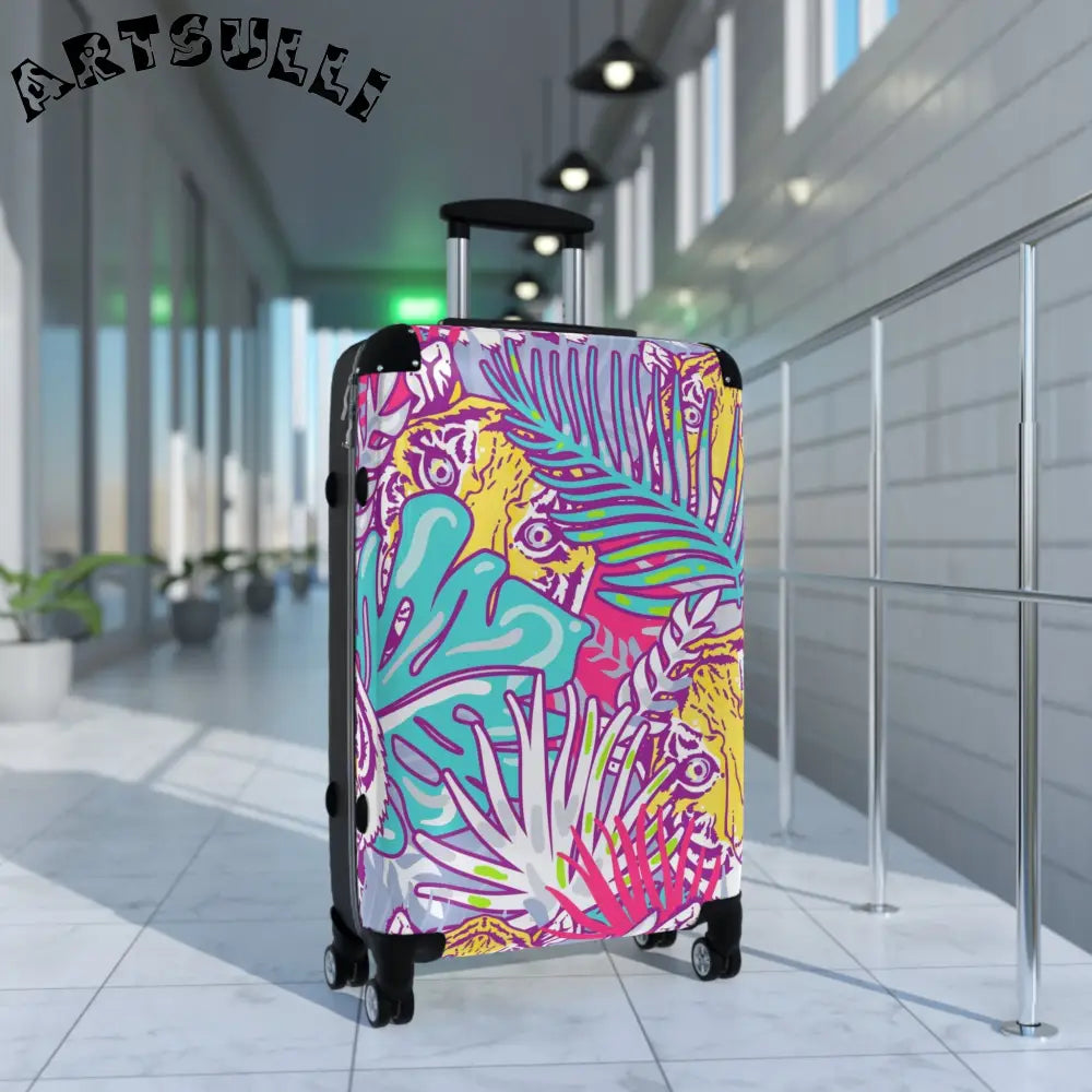 JAKKOUTTHEBXX Tropical Floral Tigers Torquise and Purple Suitcase