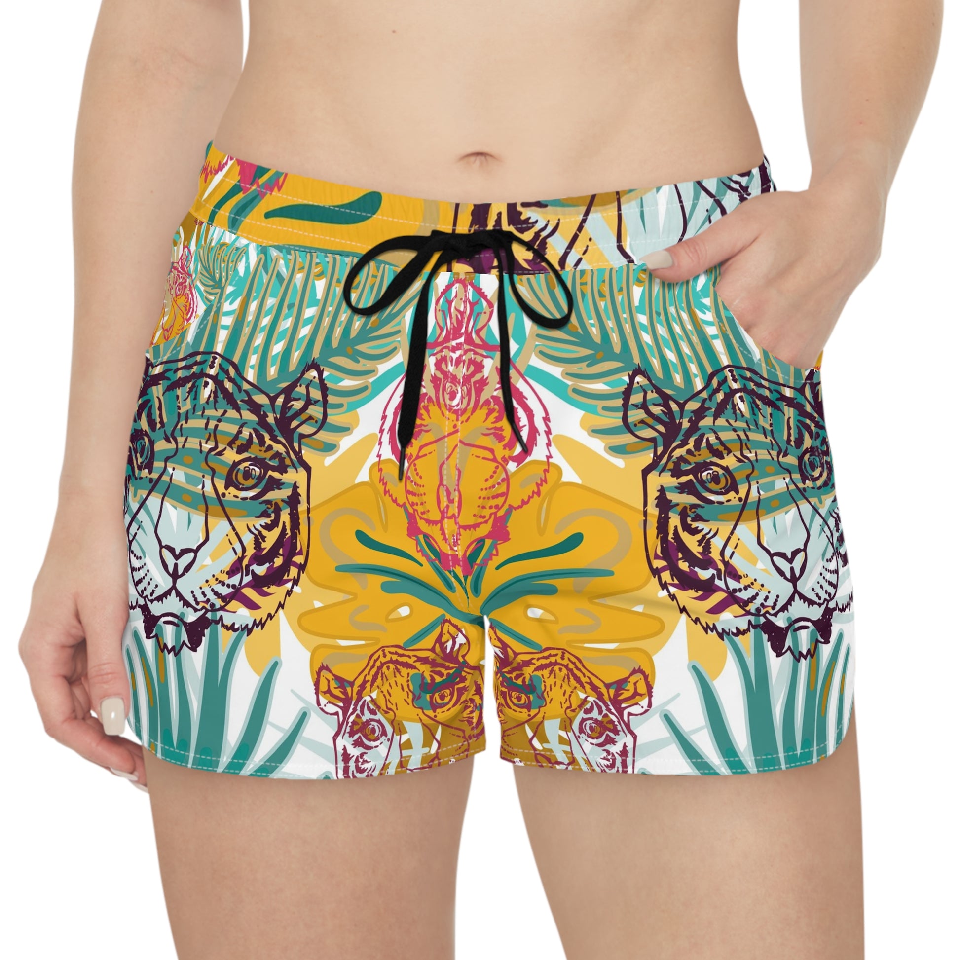 Tropical Jungle Tigers Green and Brown Women's Casual Shorts (AOP), Artsulli - Art is Long, Life is Short, All Over Prints, , , , , , , 