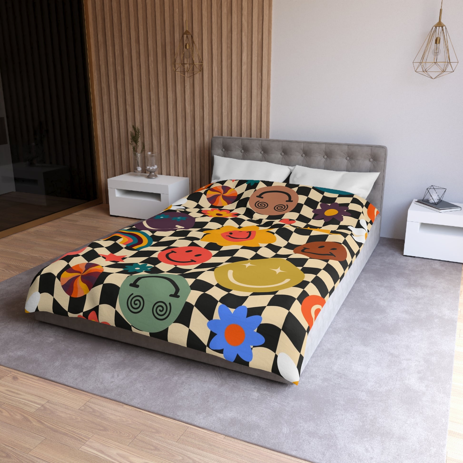 Trippy x Wavy Checkerboard x Smiley Face x Rainbow x Flowers Multi-Color Microfiber Duvet Cover, Artsulli - Art is Long, Life is Short, Home Decor, , , , , , , 
