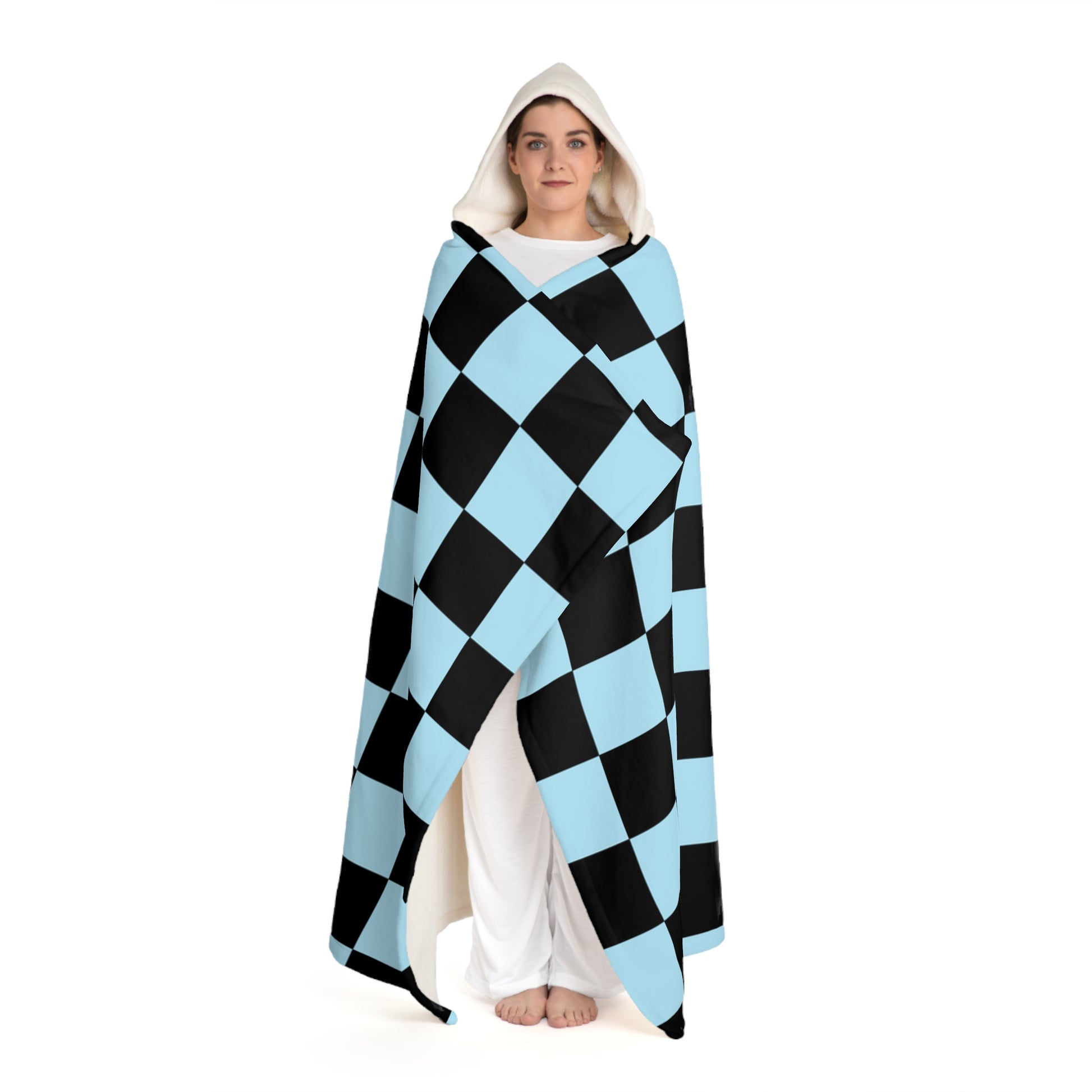 Checkerboard Black and Blue Hooded Sherpa Fleece Blanket, Artsulli - Art is Long, Life is Short, All Over Prints, , , , , , , 