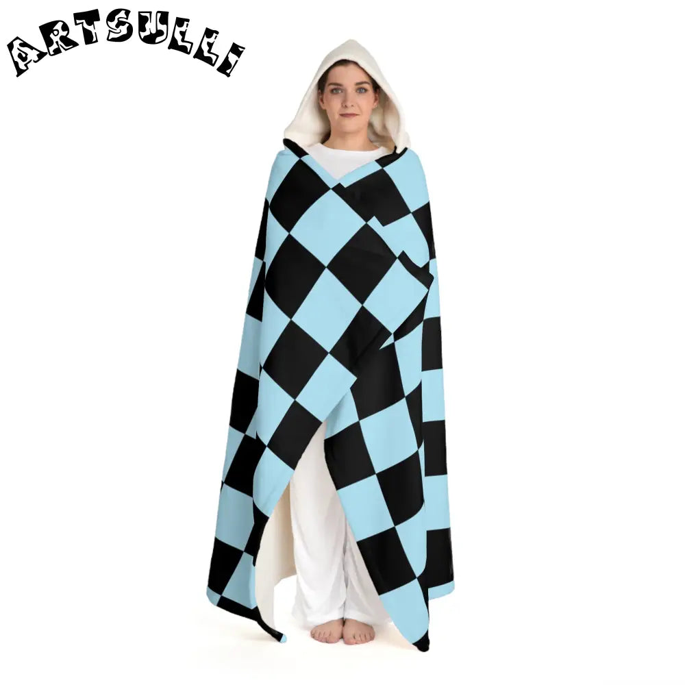 JAKKOUTTHEBXX Checkerboard Black and Blue Hooded Sherpa Fleece