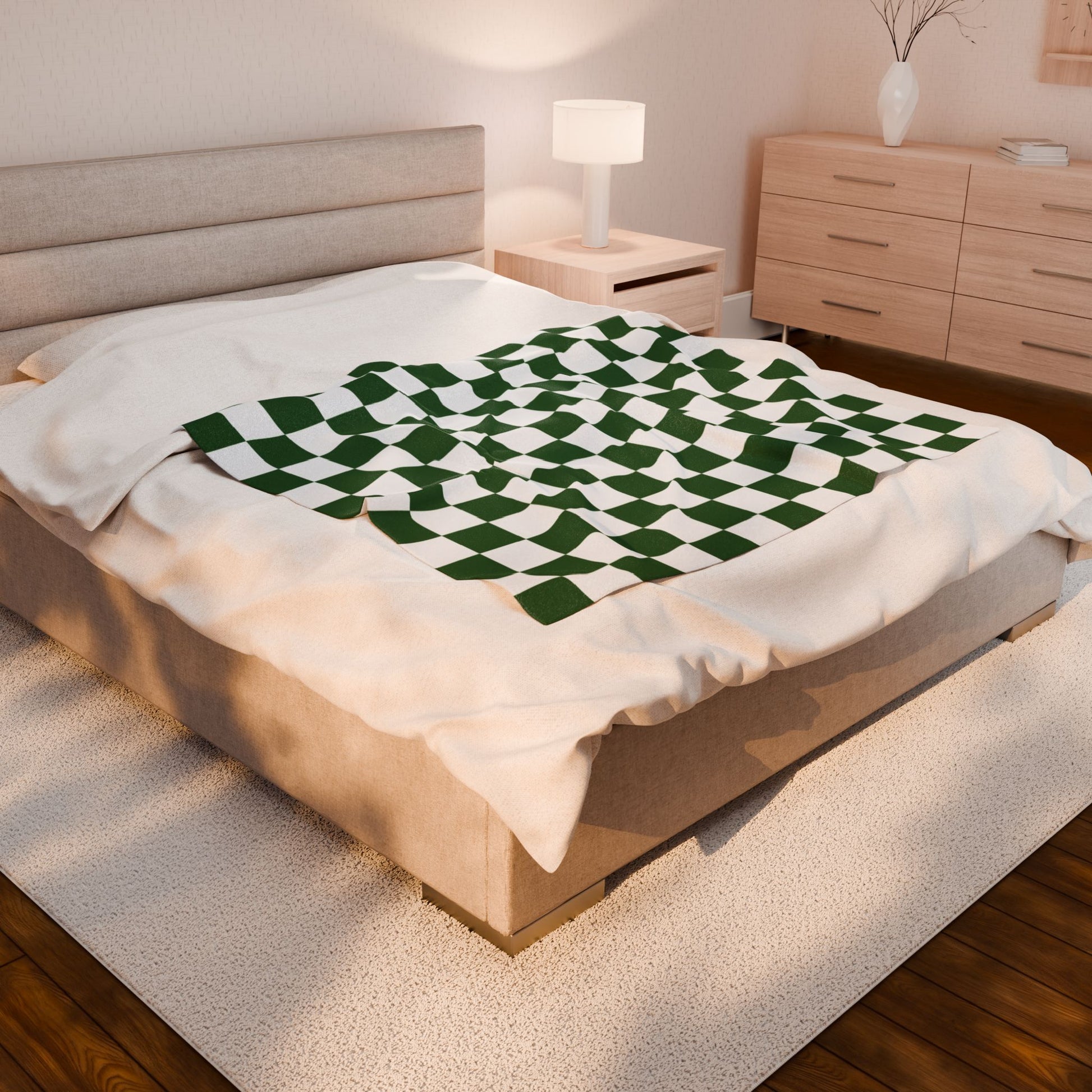 Checkerboard White and Dark Green Velveteen Plush Blanket, Artsulli - Art is Long, Life is Short, All Over Prints, , , , , , , 