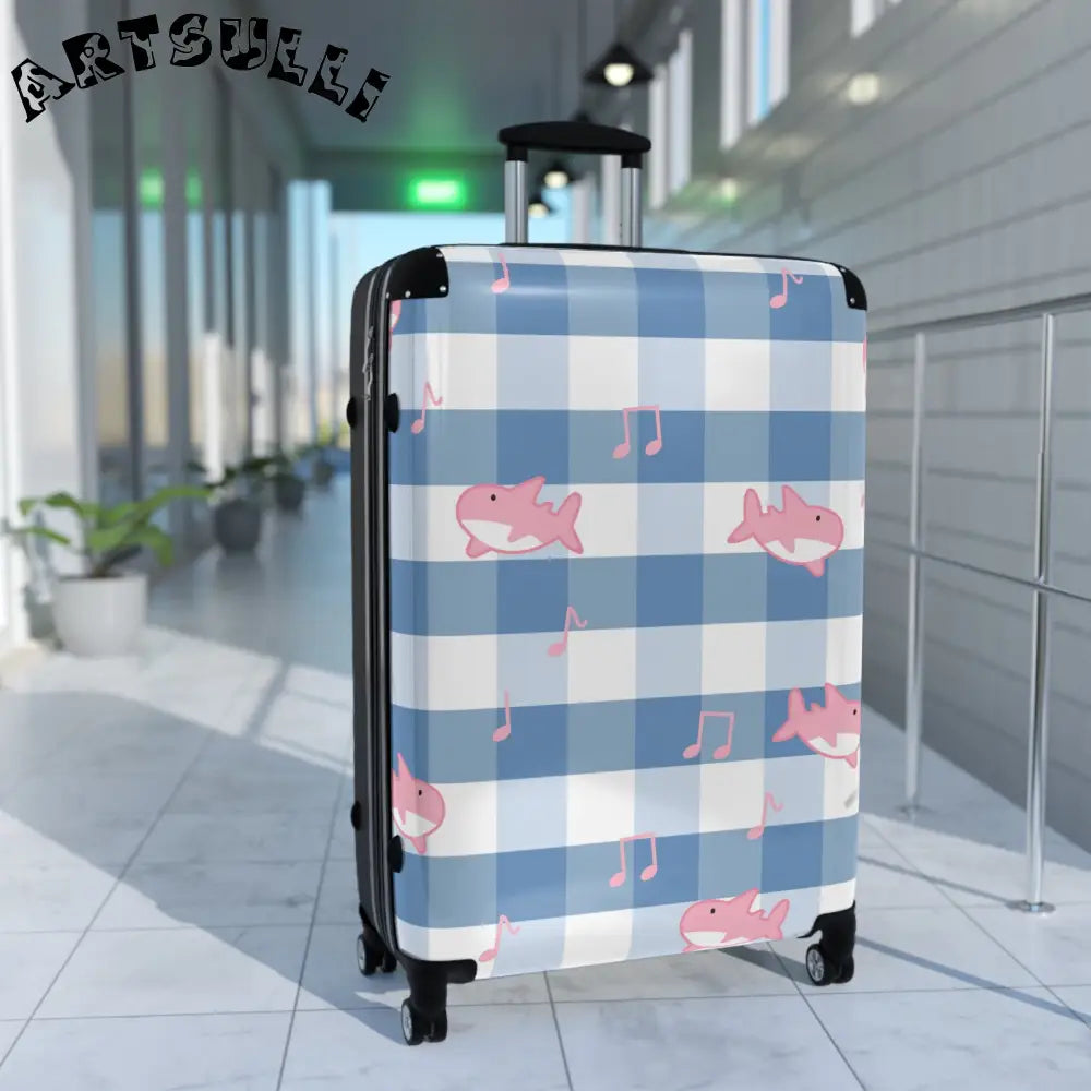 JAKKOUTTHEBXX Checkered Traveling Suitcase with Pink Sharks and Music Notes 2025