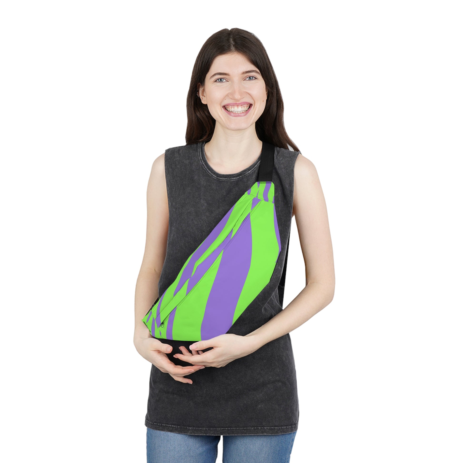Tyrannosaurus Print Green and Purple Large Fanny Pack, Artsulli - Art is Long, Life is Short, Bags, , , , , , , 