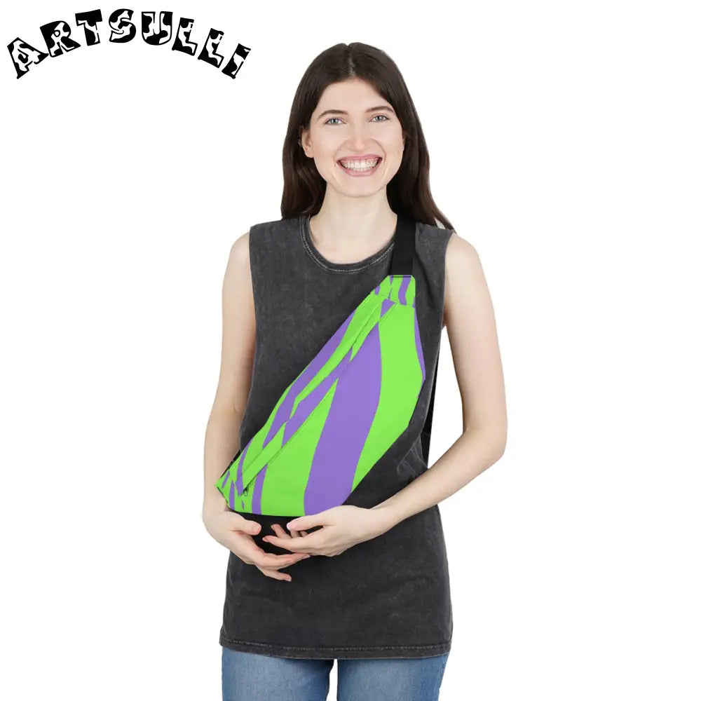 JAKKOUTTHEBXX Tyrannosaurus Print Green and Purple Large Fanny Pack