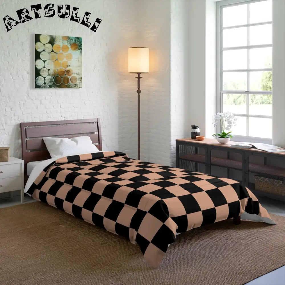 JAKKOUTTHEBXX Checkerboard Soft Orange and Black Comforter