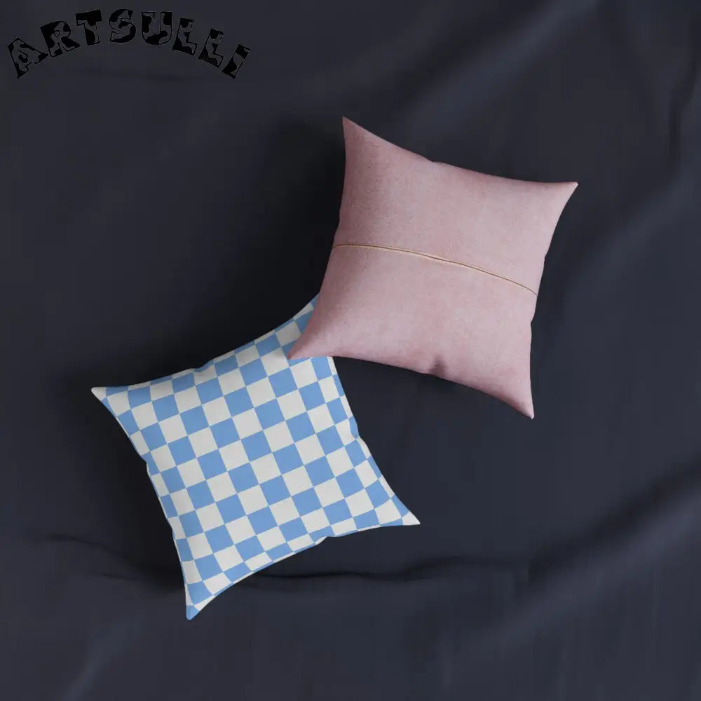 JAKKOUTTHEBXX Checkerboard White and Light Blue Square Pillow - Pink