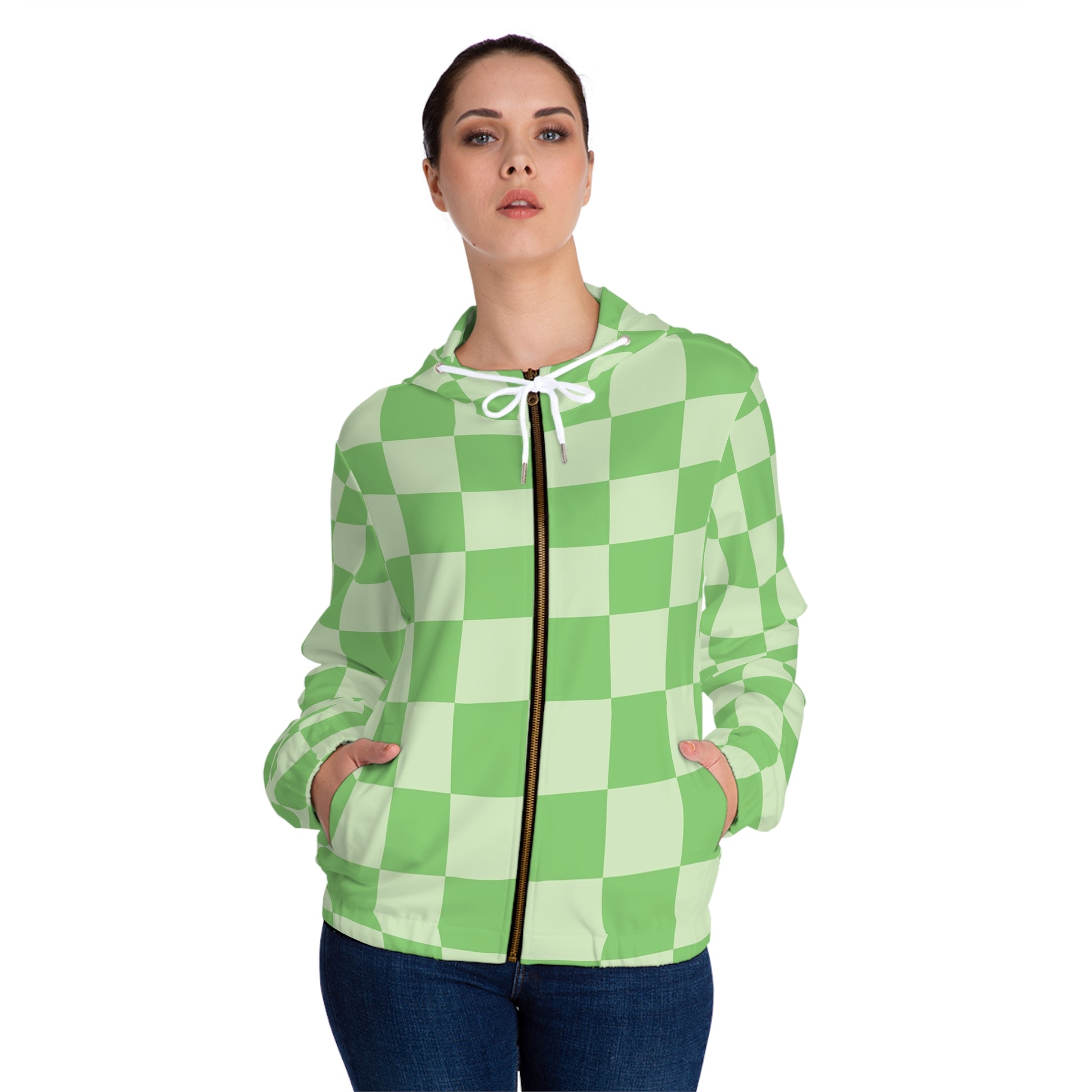 Checkerboard Green Women’s Full-Zip Hoodie (AOP), Artsulli - Art is Long, Life is Short, All Over Prints, , , , , , , 