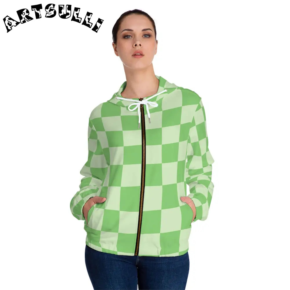 JAKKOUTTHEBXX Checkerboard Green Women’s Full-Zip Hoodie (AOP)