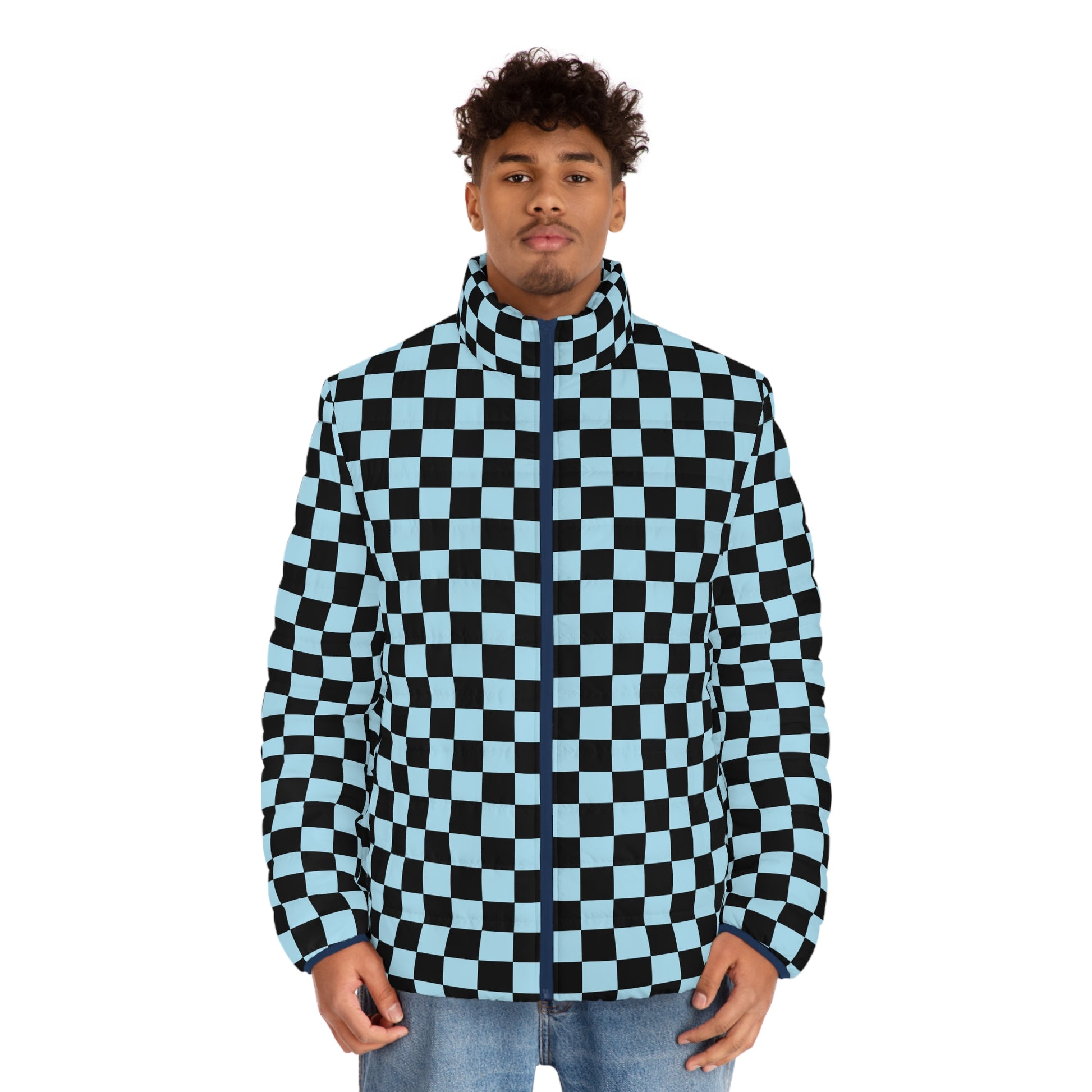 Checkerboard Black and Blue Men's Puffer Jacket (AOP), Artsulli - Art is Long, Life is Short, All Over Prints, , , , , , , 