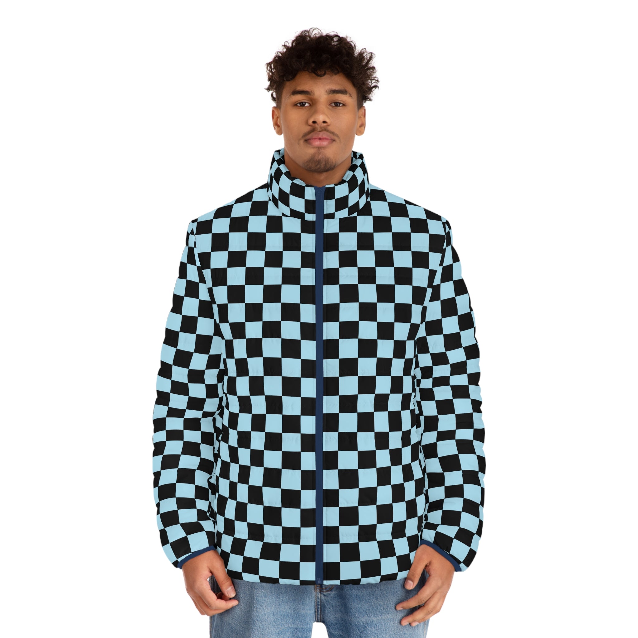 Checkerboard Black and Blue Men's Puffer Jacket (AOP), Artsulli - Art is Long, Life is Short, All Over Prints, , , , , , , 