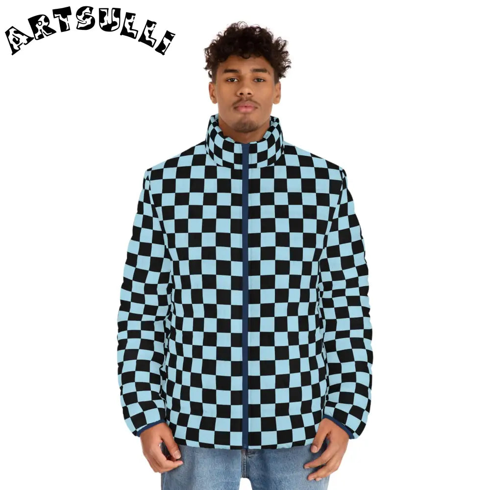 JAKKOUTTHEBXX Checkerboard Black and Blue Men’s Puffer Jacket (AOP)