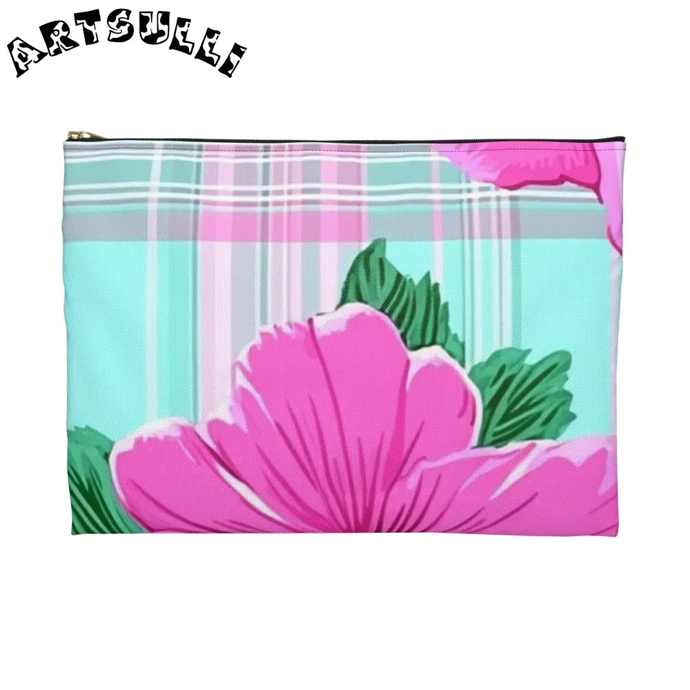 JAKKOUTTHEBXX Pink Hibiscus Plaid Flat Pouch JAKKOUTTHEBXX Artsulli