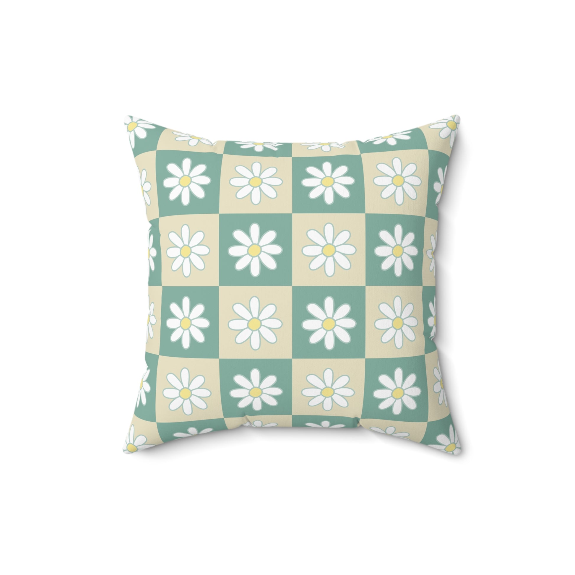 Retro Daisy Checkerboard Green and Tan Spun Polyester Square Pillow, Artsulli - Art is Long, Life is Short, Home Decor, , , , , , , 