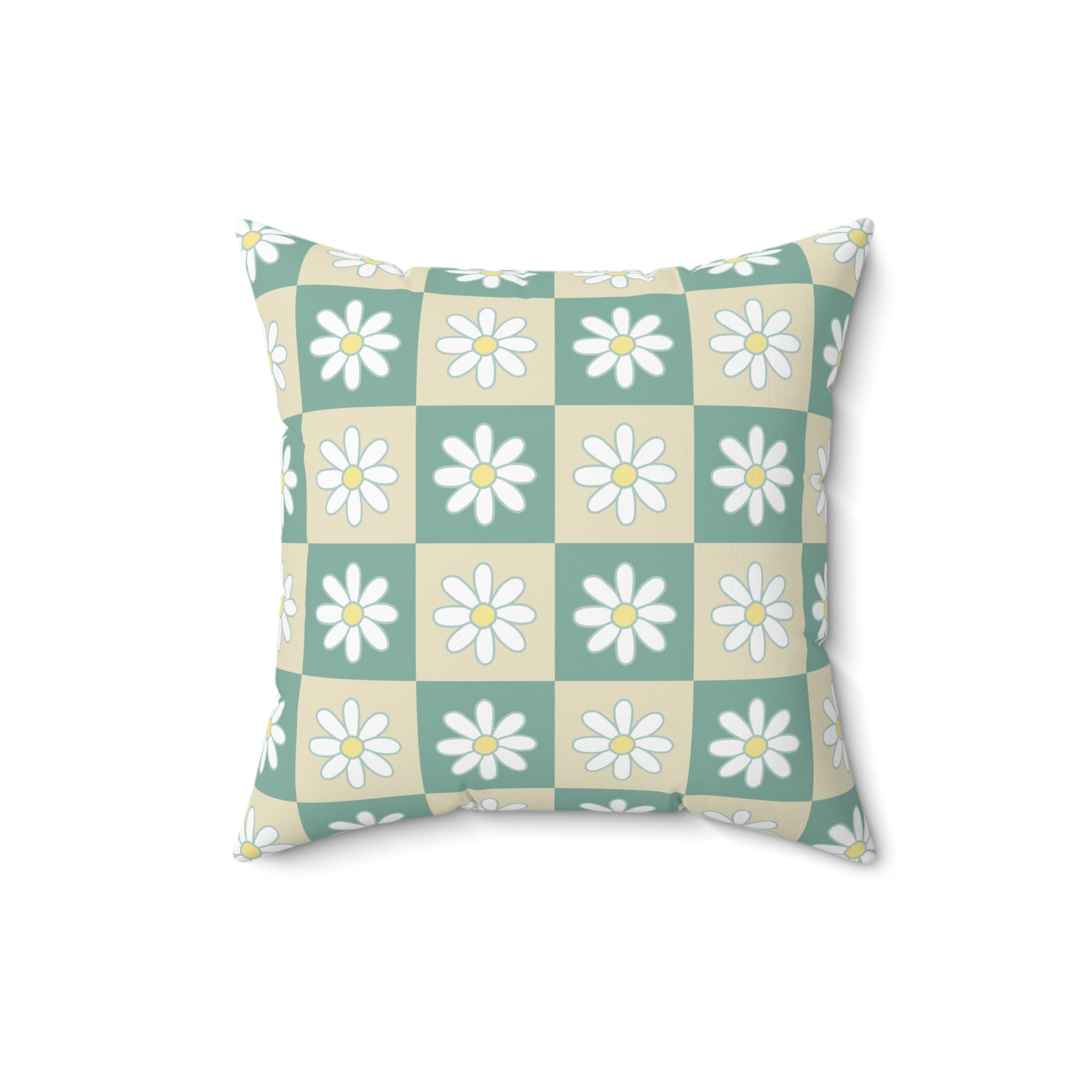Retro Daisy Checkerboard Green and Tan Spun Polyester Square Pillow, Artsulli - Art is Long, Life is Short, Home Decor, , , , , , , 