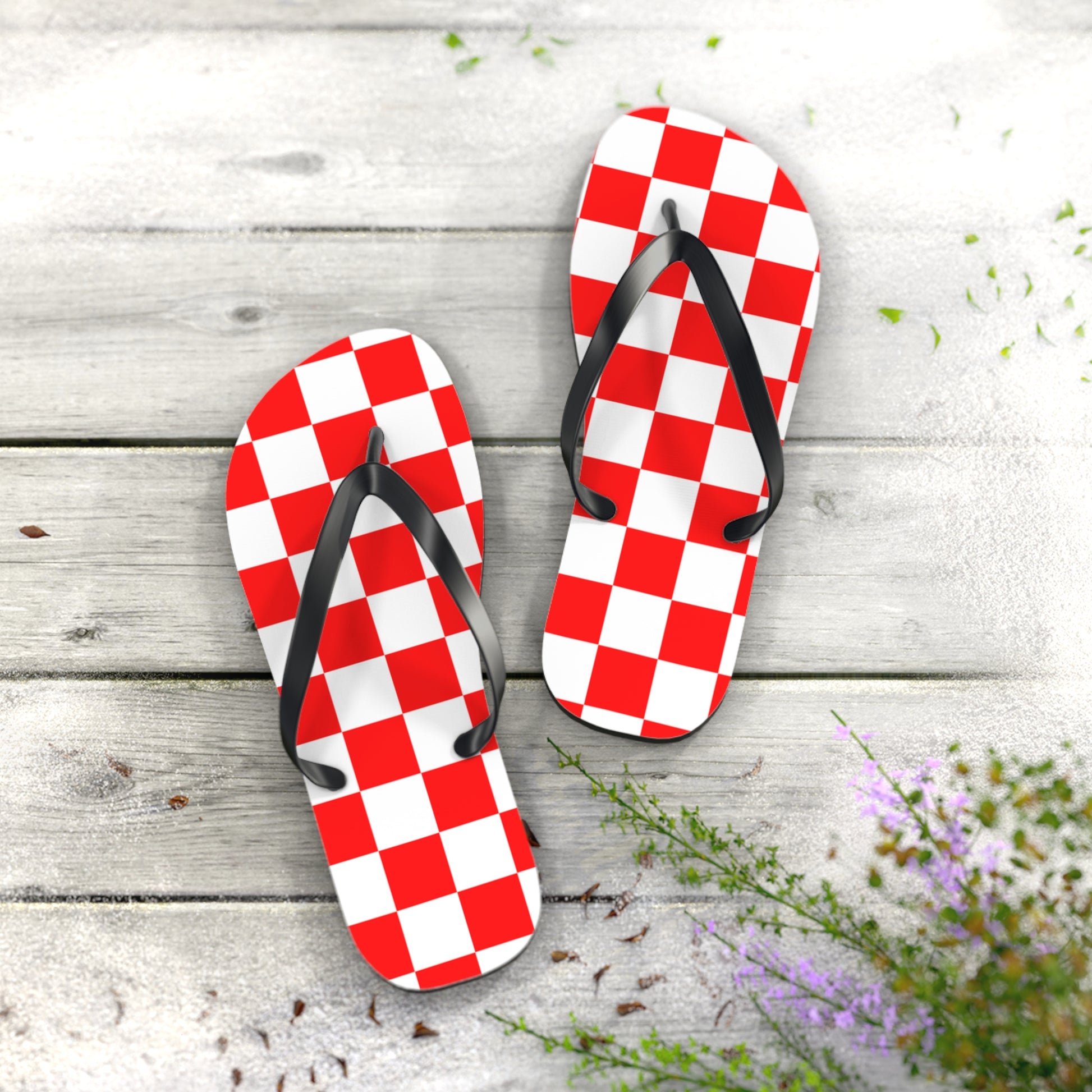 Checkerboard Red and White Flip Flops, Artsulli - Art is Long, Life is Short, Shoes, , , , , , , 