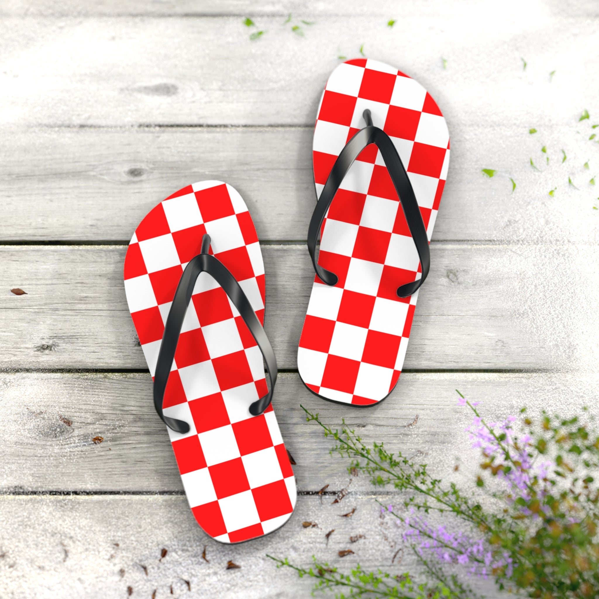 Checkerboard Red and White Flip Flops, Artsulli - Art is Long, Life is Short, Shoes, , , , , , , 