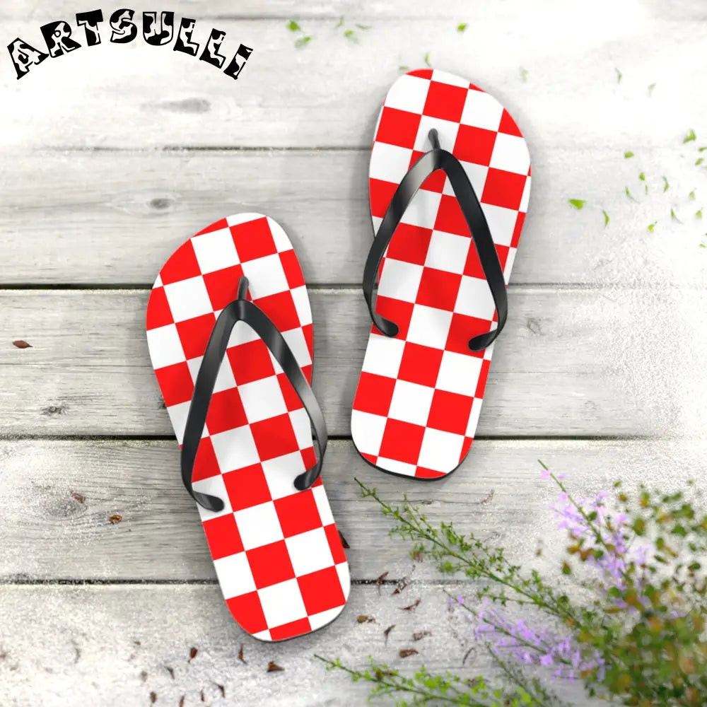 JAKKOUTTHEBXX Checkerboard Red and White Flip Flops JAKKOUTTHEBXX