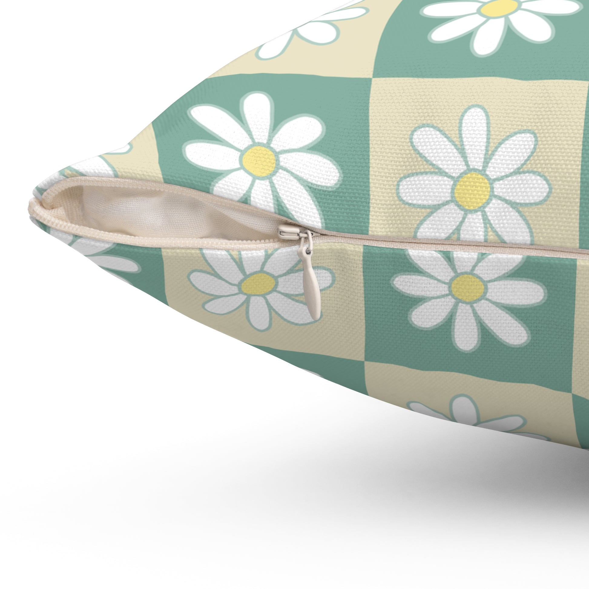 Retro Daisy Checkerboard Green and Tan Spun Polyester Square Pillow, Artsulli - Art is Long, Life is Short, Home Decor, , , , , , , 