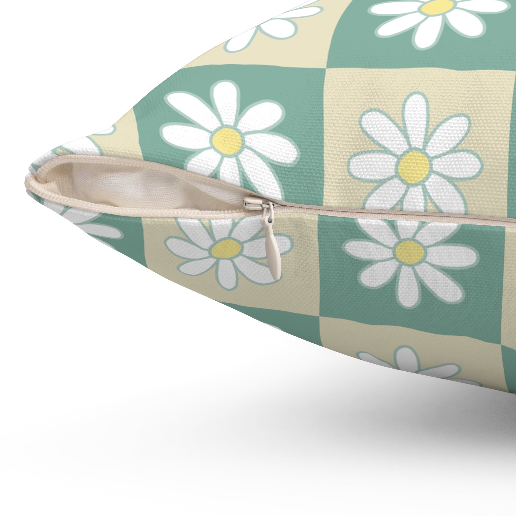 Retro Daisy Checkerboard Green and Tan Spun Polyester Square Pillow, Artsulli - Art is Long, Life is Short, Home Decor, , , , , , , 