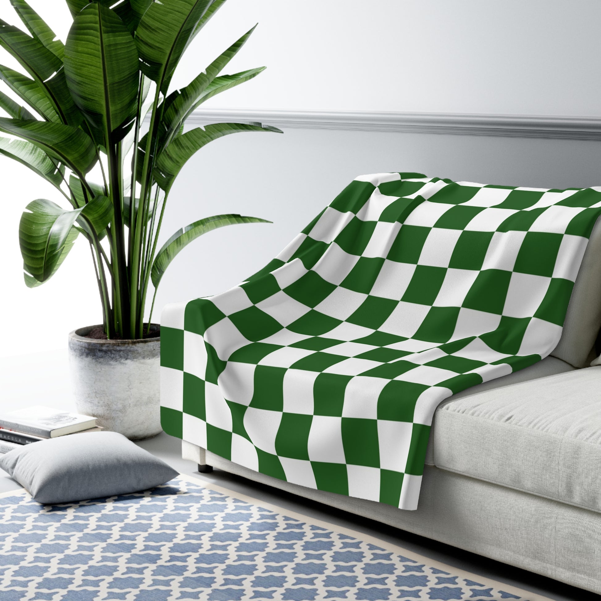 Checkerboard White and Dark Green Sherpa Fleece Blanket, Artsulli - Art is Long, Life is Short, Home Decor, , , , , , , 
