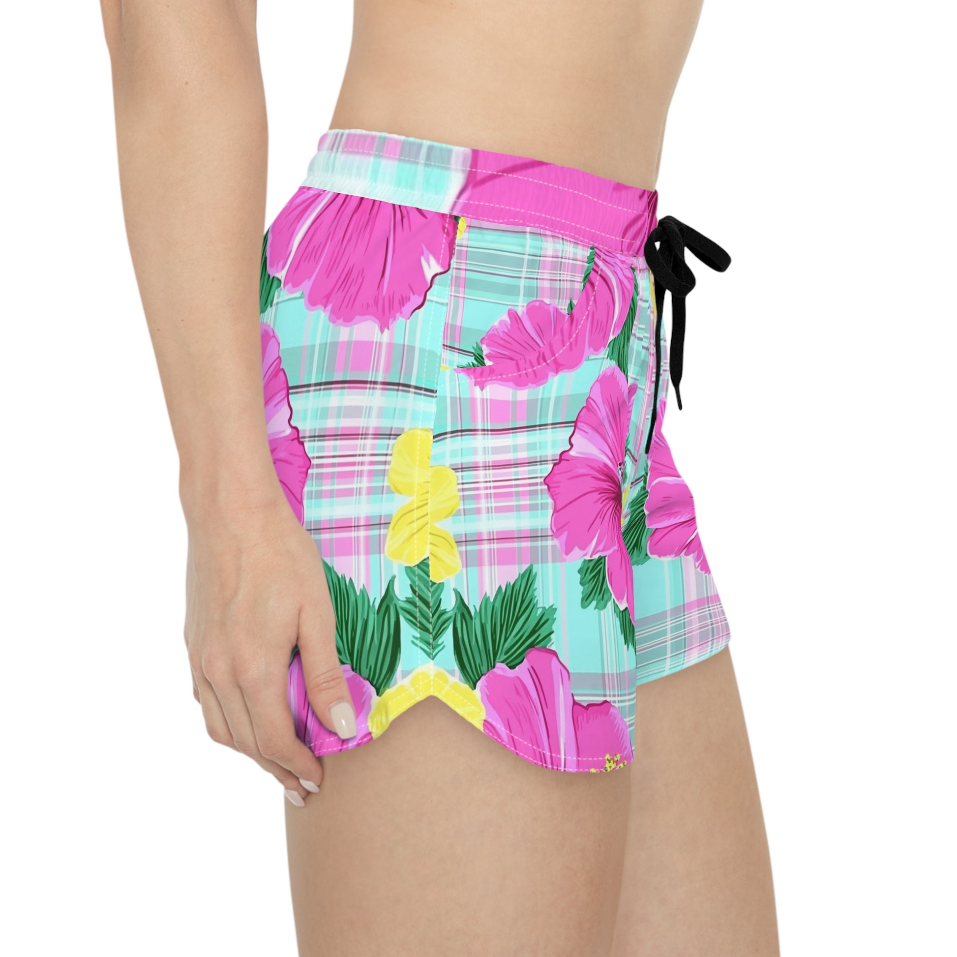 Plaid Hibiscus Pink and Yellow Women's Casual Shorts (AOP), Artsulli - Art is Long, Life is Short, All Over Prints, , , , , , , 
