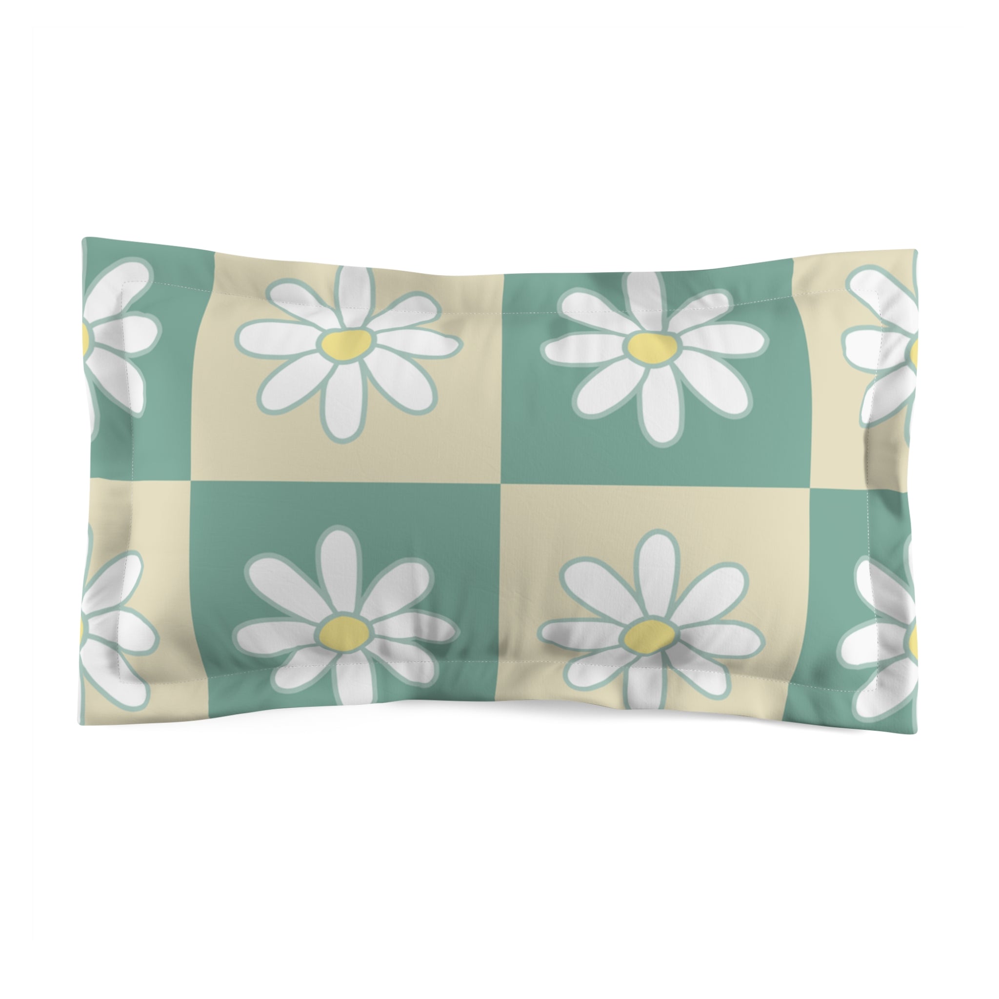 Retro Daisy Checkerboard Green and Tan Microfiber Pillow Sham, Artsulli - Art is Long, Life is Short, Home Decor, Size, King, , , , , 50599905097343048663