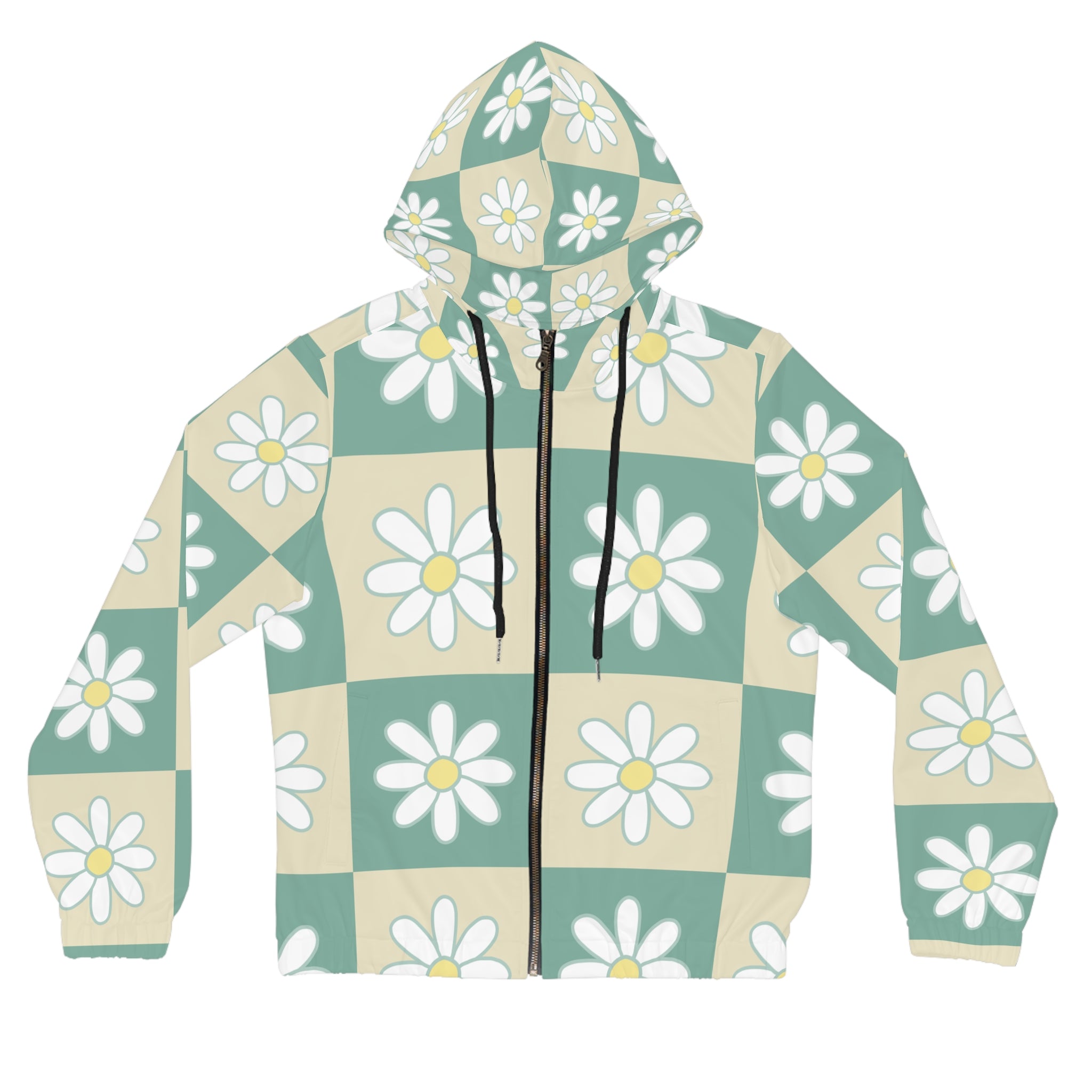 Retro Daisy Checkerboard Green and Tan Women’s Full-Zip Hoodie (AOP), Artsulli - Art is Long, Life is Short, All Over Prints, Size, XS, Color, Black, , , 81615542323949714527