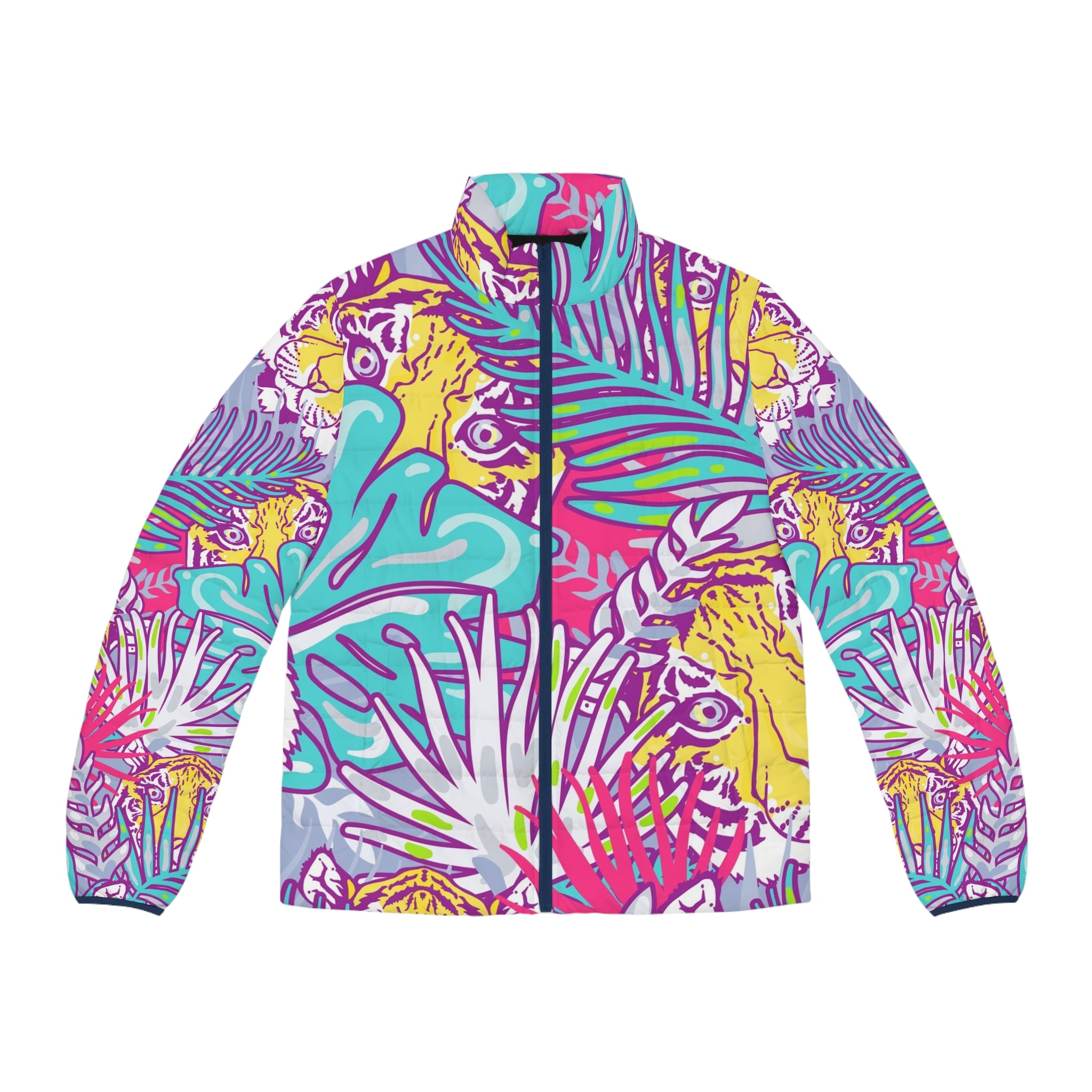 Tropical Jungle Tigers Torquise and Purple Men's Puffer Jacket (AOP), Artsulli - Art is Long, Life is Short, All Over Prints, Size, S, Color, Dark blue zipper, , , 97053588114224283592