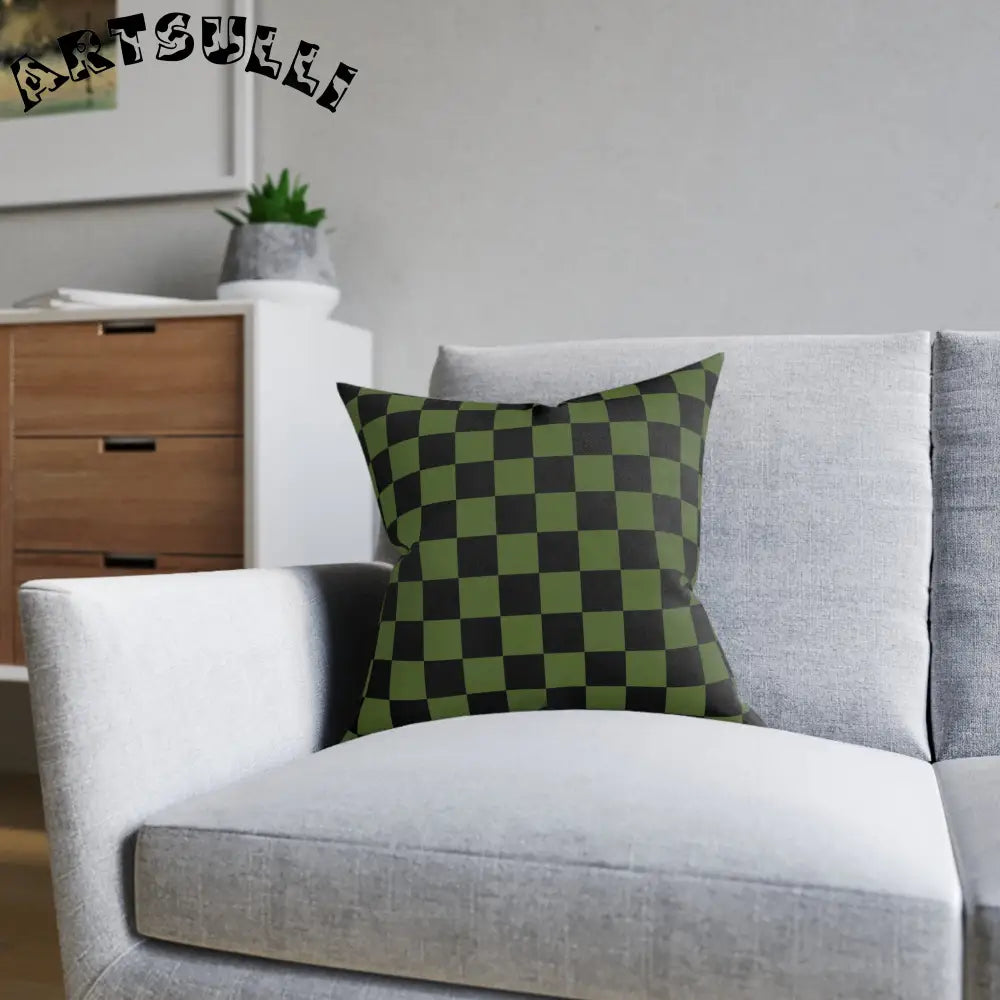 JAKKOUTTHEBXX Checkerboard Olive Green and Black Square Pillow