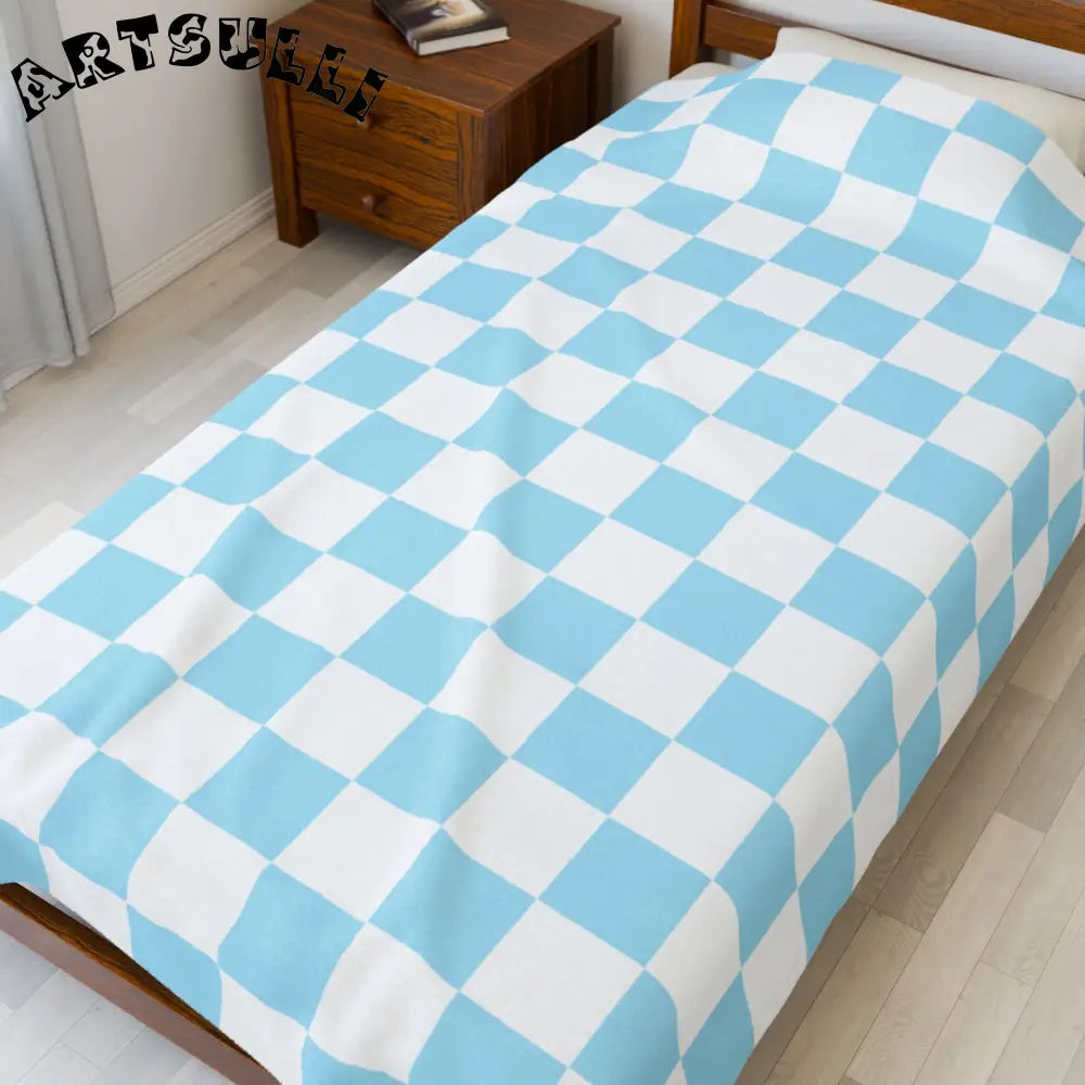 JAKKOUTTHEBXX Checkerboard Sky Blue Velveteen Plush Blanket