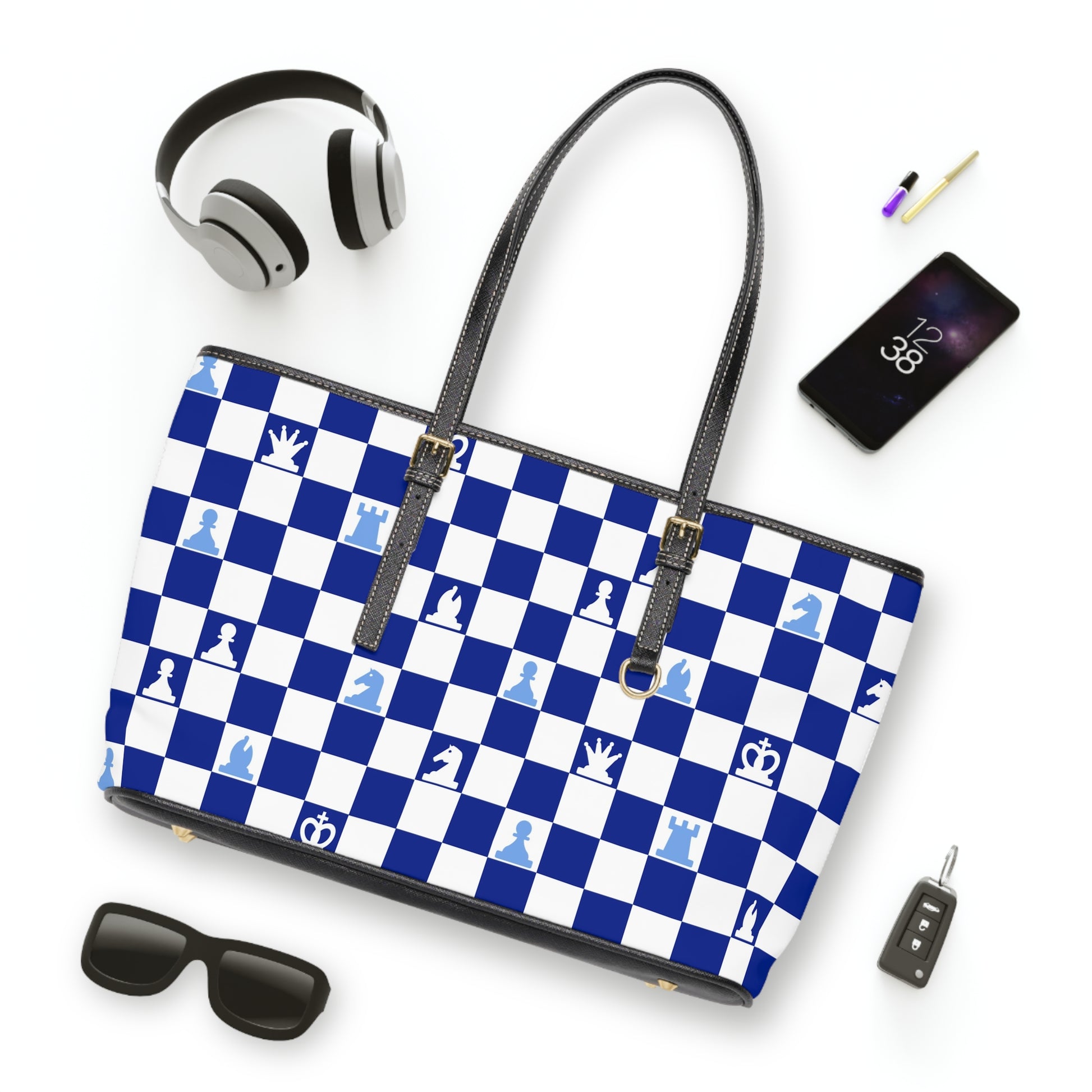 Chessboard Navy Blue PU Leather Shoulder Bag, Artsulli - Art is Long, Life is Short, Bags, , , , , , , 