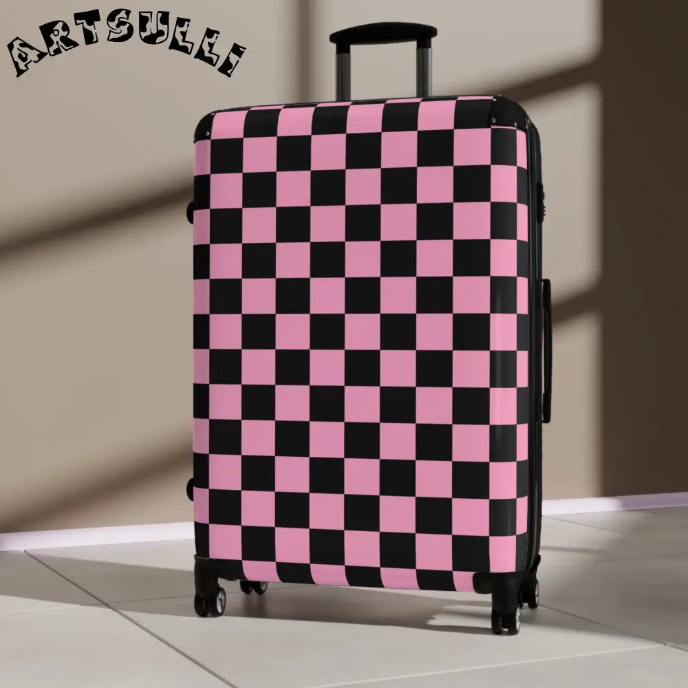 JAKKOUTTHEBXX Checkerboard Black and Pink Suitcase JAKKOUTTHEBXX