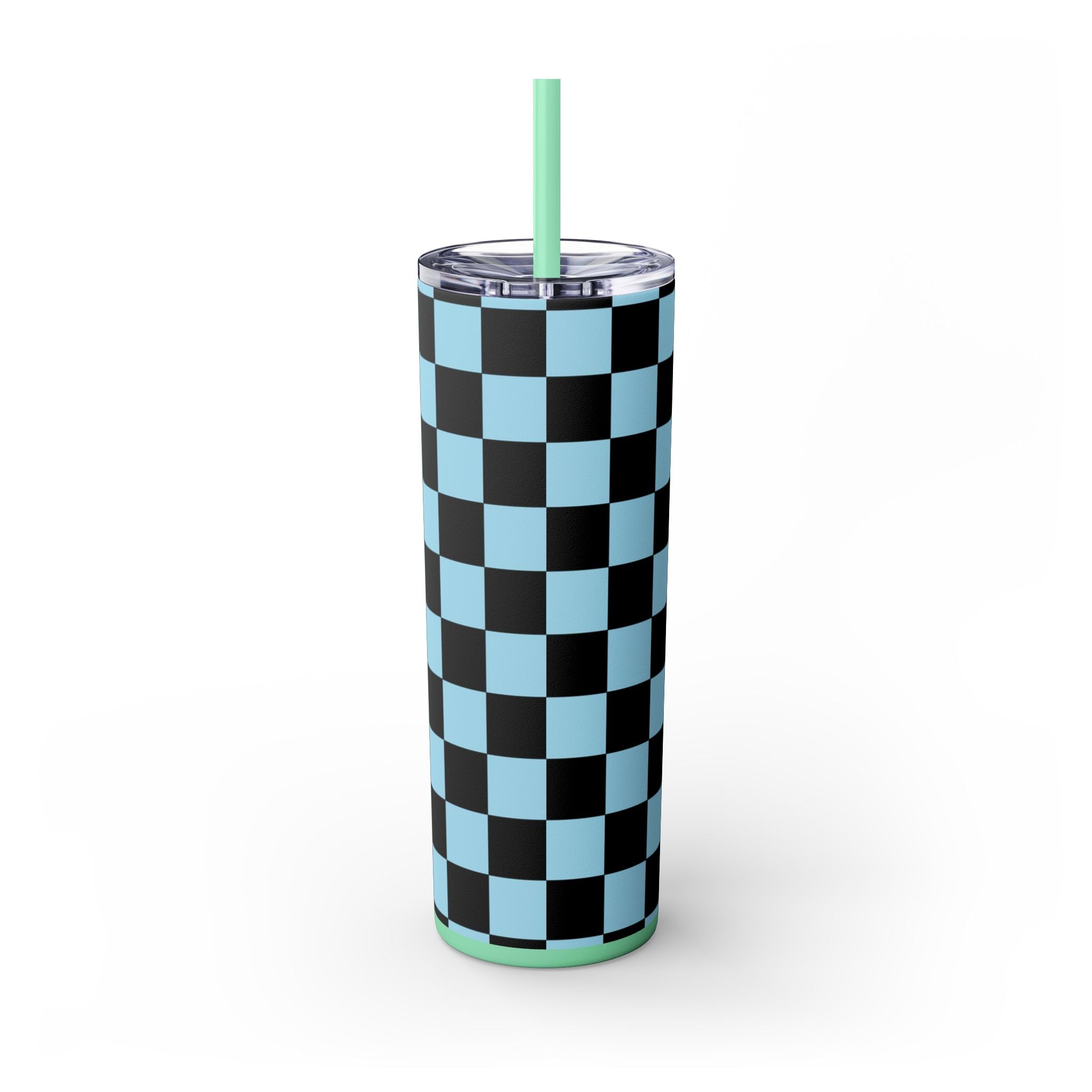 Checkerboard Black and Blue Skinny Tumbler with Straw, 20oz, Artsulli - Art is Long, Life is Short, Mug, , , , , , , 