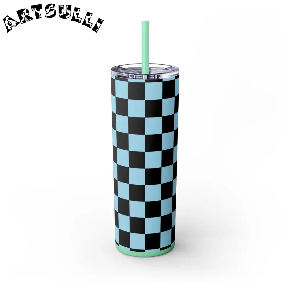 JAKKOUTTHEBXX Checkerboard Black and Blue Skinny Tumbler with Straw