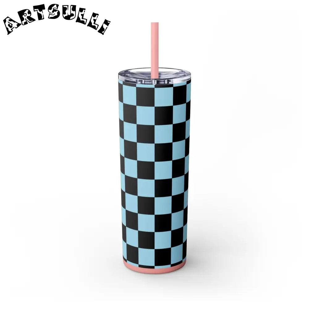 JAKKOUTTHEBXX Checkerboard Black and Blue Skinny Tumbler with Straw