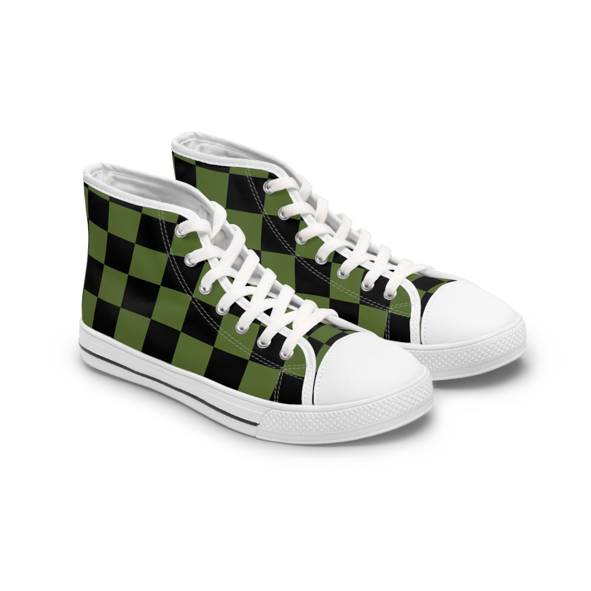 Checkerboard Olive Green and Black Women's High Top Sneakers, Artsulli - Art is Long, Life is Short, Shoes, Size, US 5.5, Color, White sole, , , 77016693955453743886
