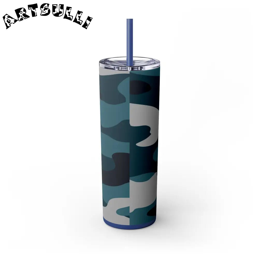 JAKKOUTTHEBXX Blue Camouflage Skinny Tumbler with Straw 20oz
