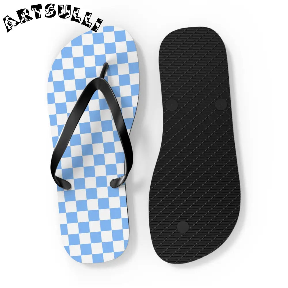 JAKKOUTTHEBXX Checkerboard White and Light Blue Flip Flops