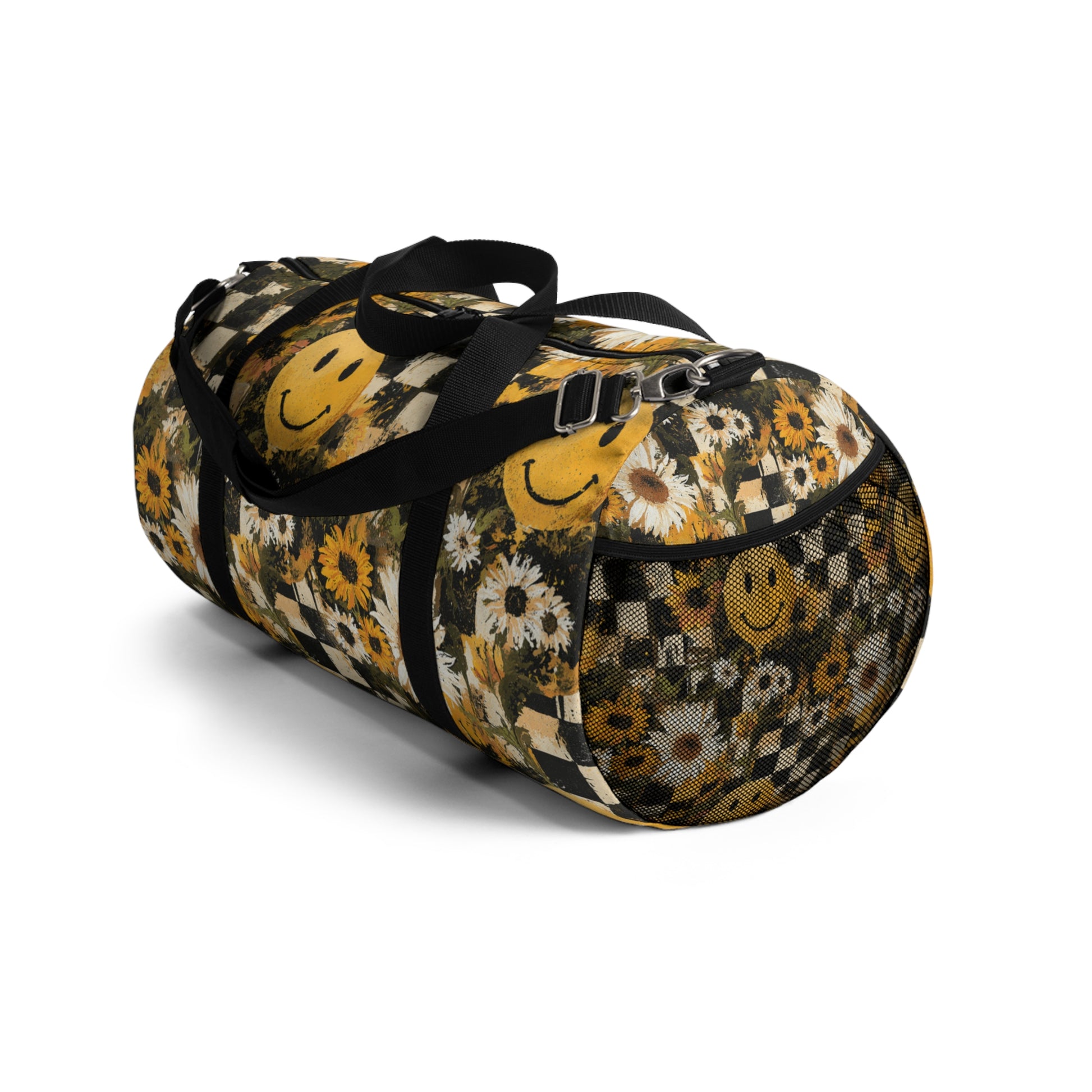 Smiley Face x Checkerboard x Sunflowers x Trippy x Vintage Black and Yellow Duffel Bag, Artsulli - Art is Long, Life is Short, Bags, , , , , , , 