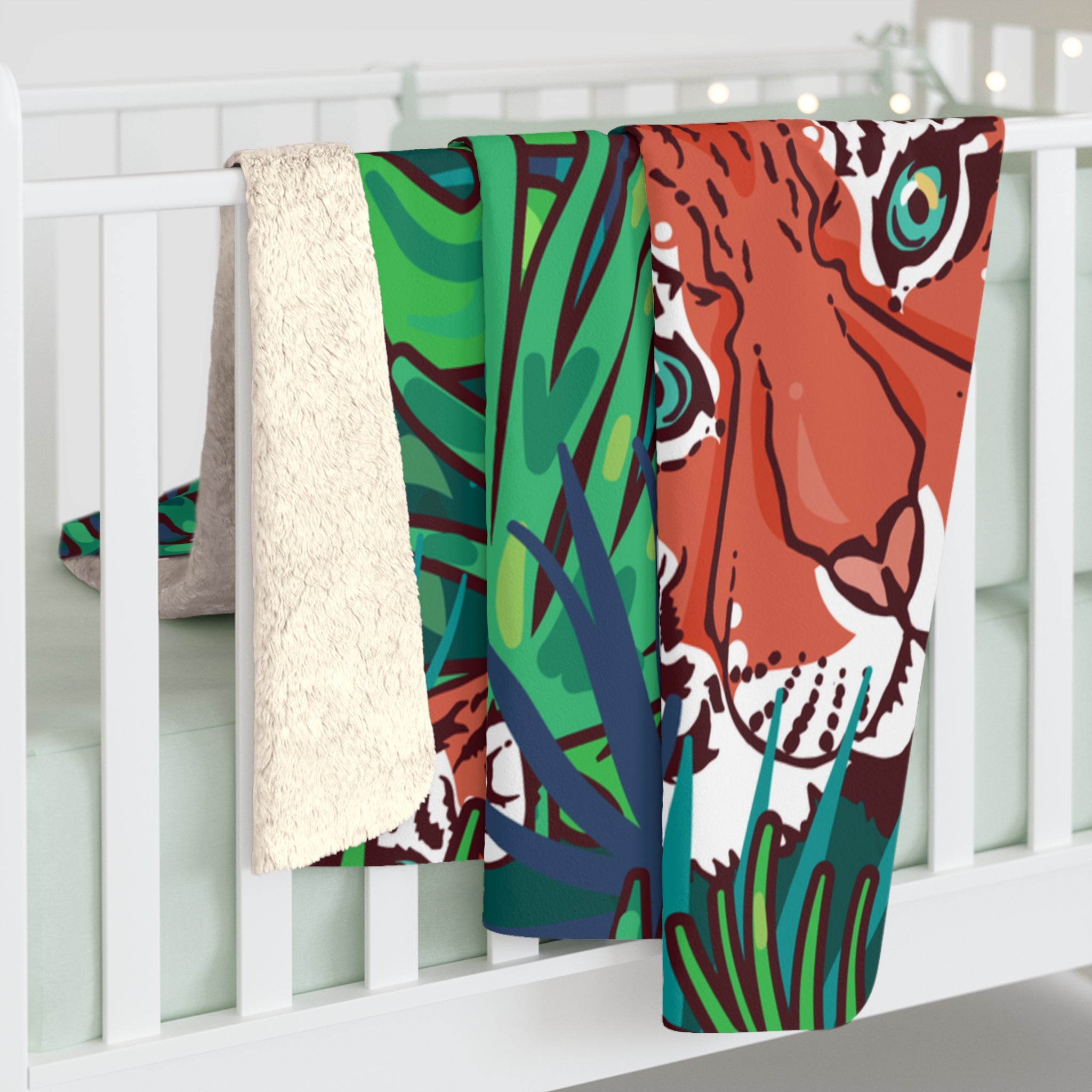 Tropical Jungle Tigers Blue and Green Sherpa Fleece Blanket, Artsulli - Art is Long, Life is Short, Home Decor, , , , , , , 