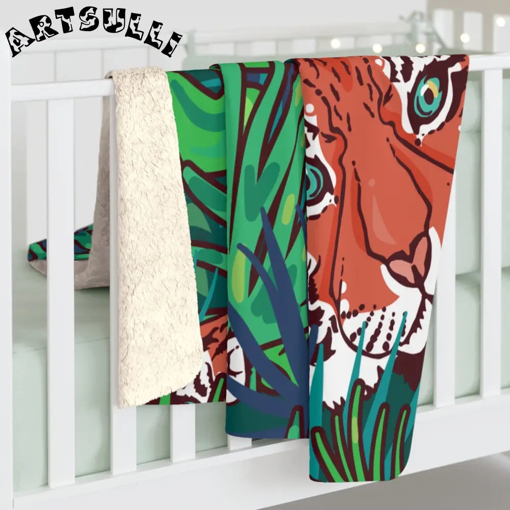 JAKKOUTTHEBXX Tropical Jungle Tigers Blue and Green Sherpa Fleece