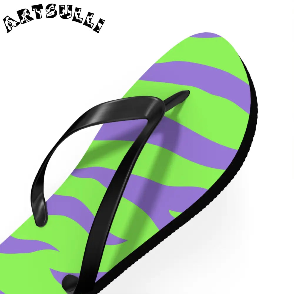 JAKKOUTTHEBXX Tyrannosaurus Print Green and Purple Flip Flops