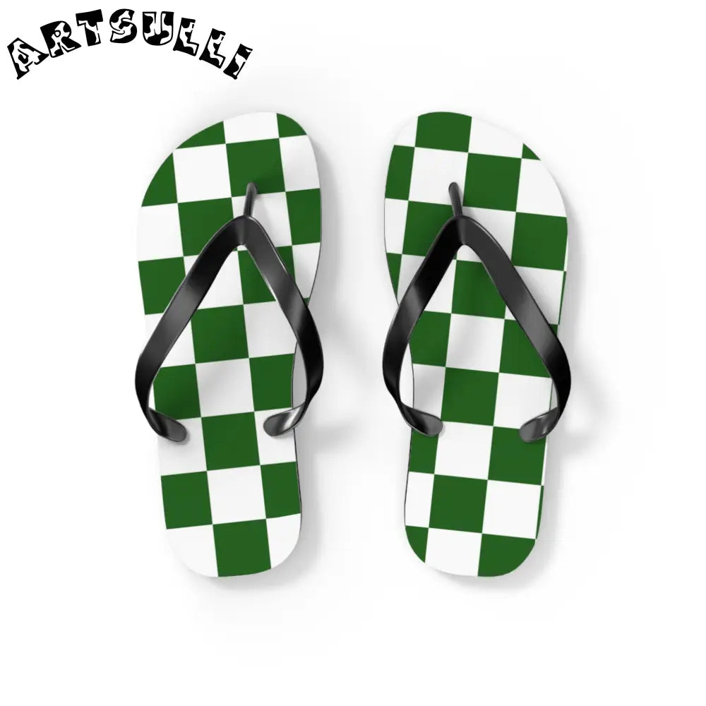 JAKKOUTTHEBXX Checkerboard White and Dark Green Flip Flops
