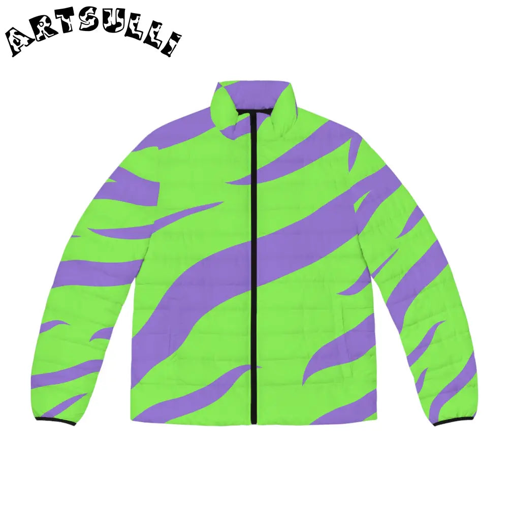 JAKKOUTTHEBXX Tyrannosaurus Print Green and Purple Men’s Puffer