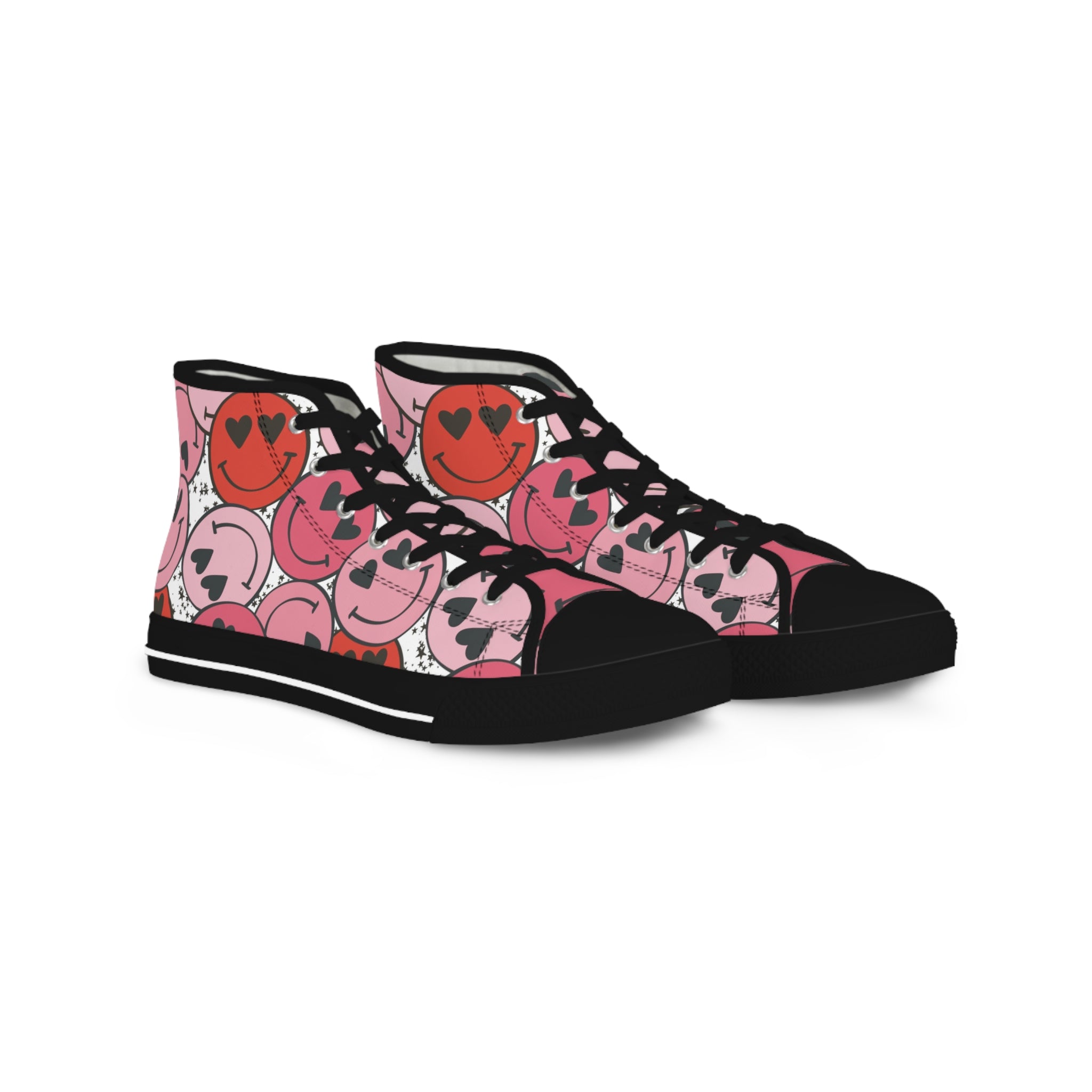 Smiley Face x Heart Eyes Pink and Red Men's High Top Sneakers, Artsulli - Art is Long, Life is Short, Shoes, Size, US 5, Color, Black sole, , , 30456311028230006694