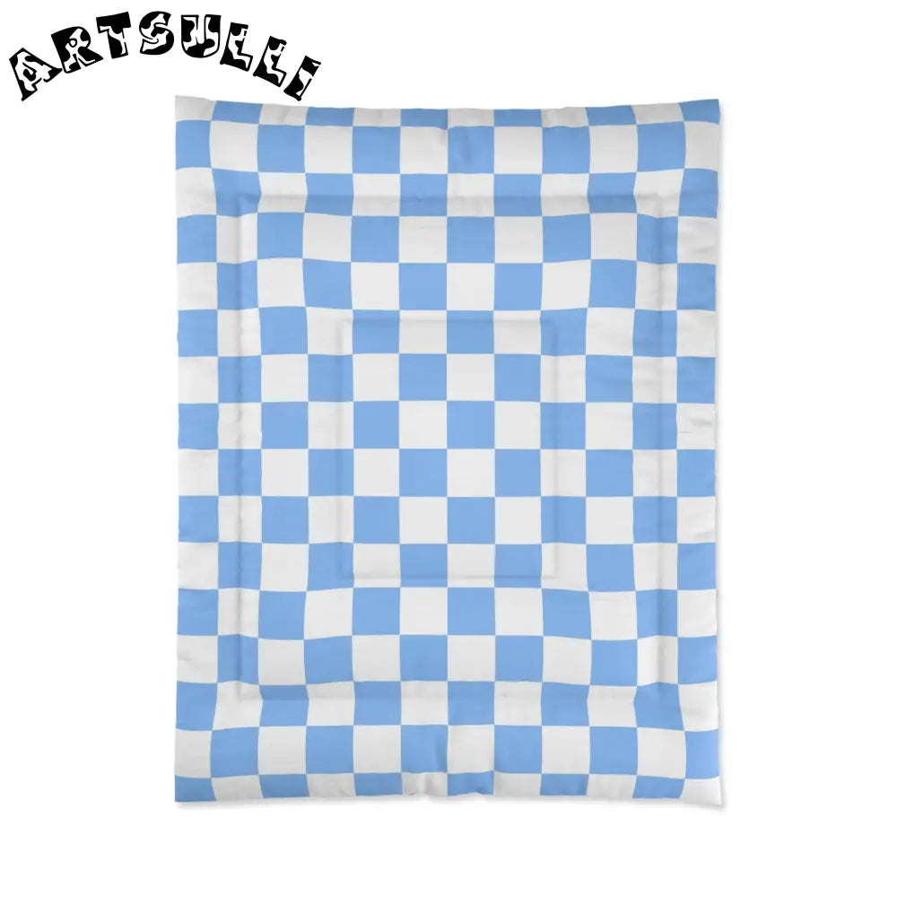 JAKKOUTTHEBXX Checkerboard White and Light Blue Comforter