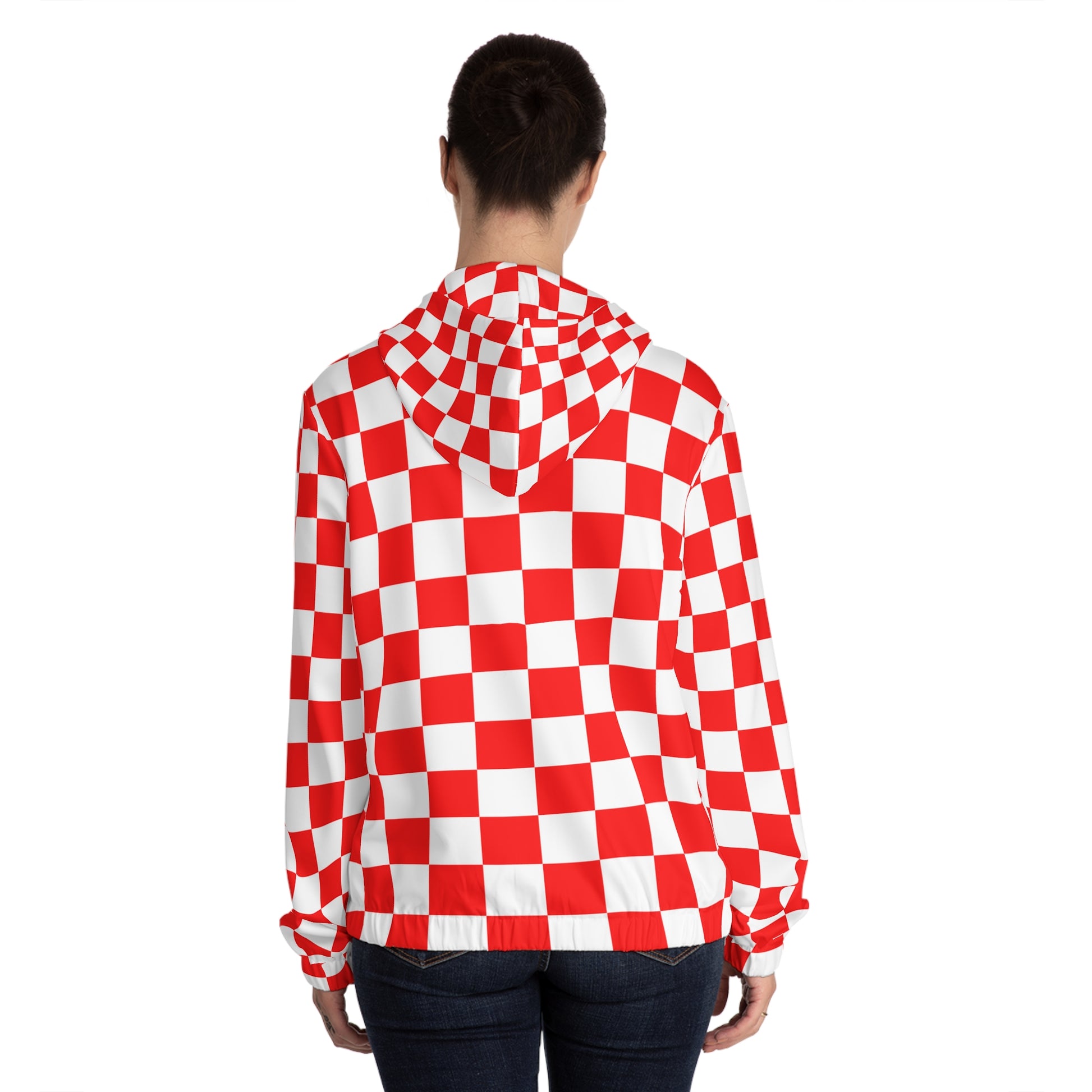 Checkerboard Red and White Women’s Full-Zip Hoodie (AOP), Artsulli - Art is Long, Life is Short, All Over Prints, , , , , , , 