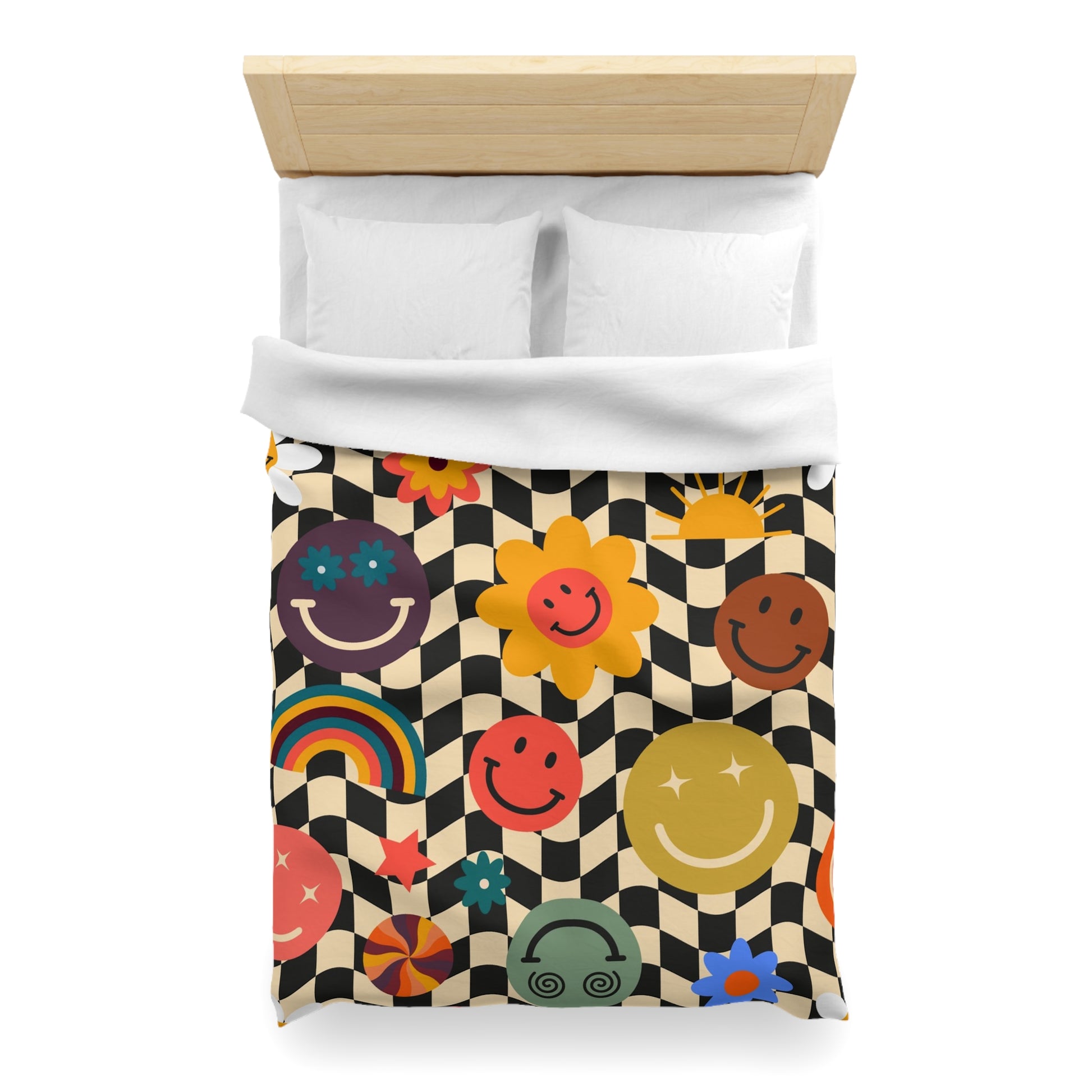 Trippy x Wavy Checkerboard x Smiley Face x Rainbow x Flowers Multi-Color Microfiber Duvet Cover, Artsulli - Art is Long, Life is Short, Home Decor, , , , , , , 